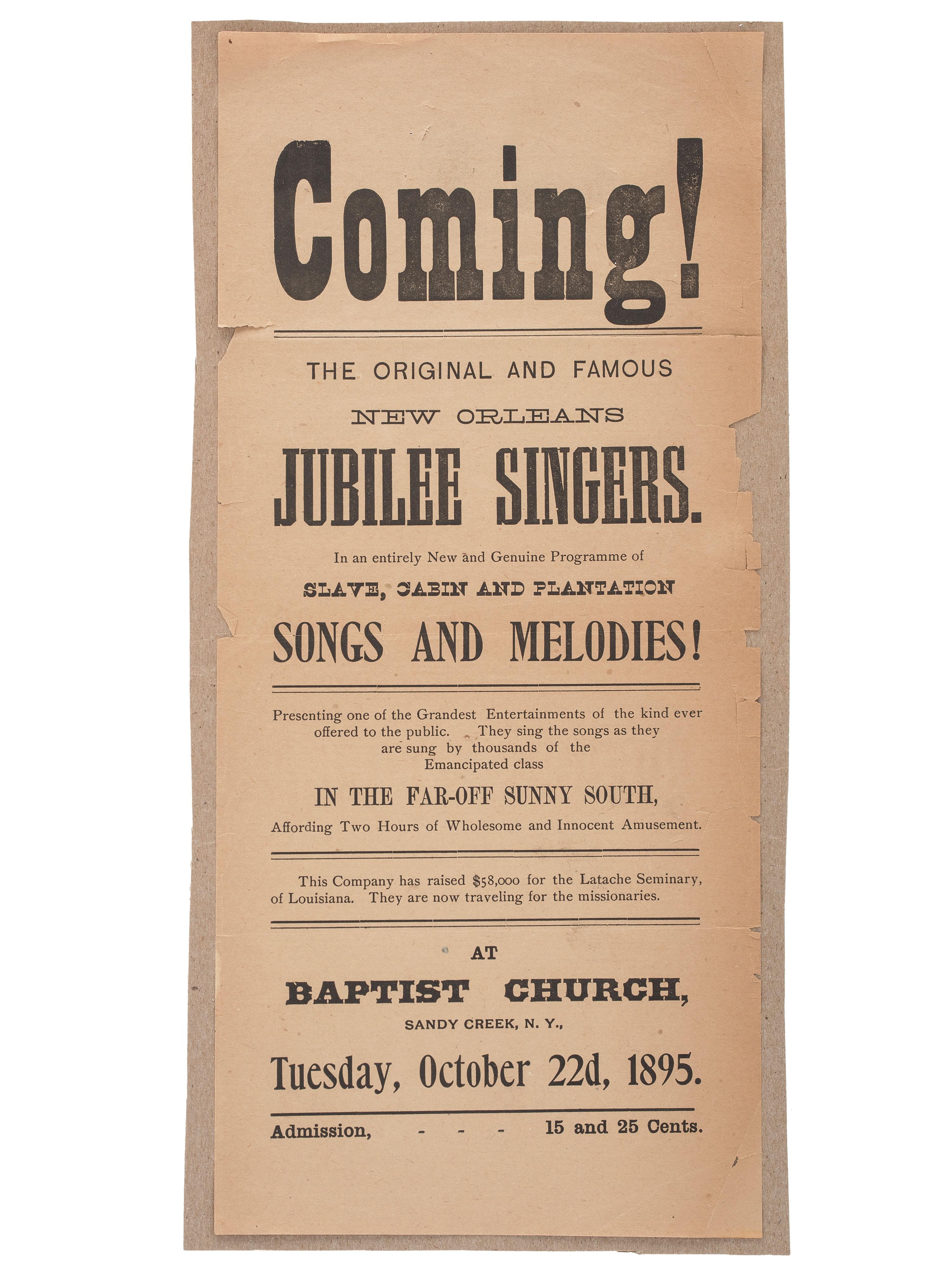 [MUSIC]. Broadsides and sheet music related to Jubilee Singers and African American music, comprising: