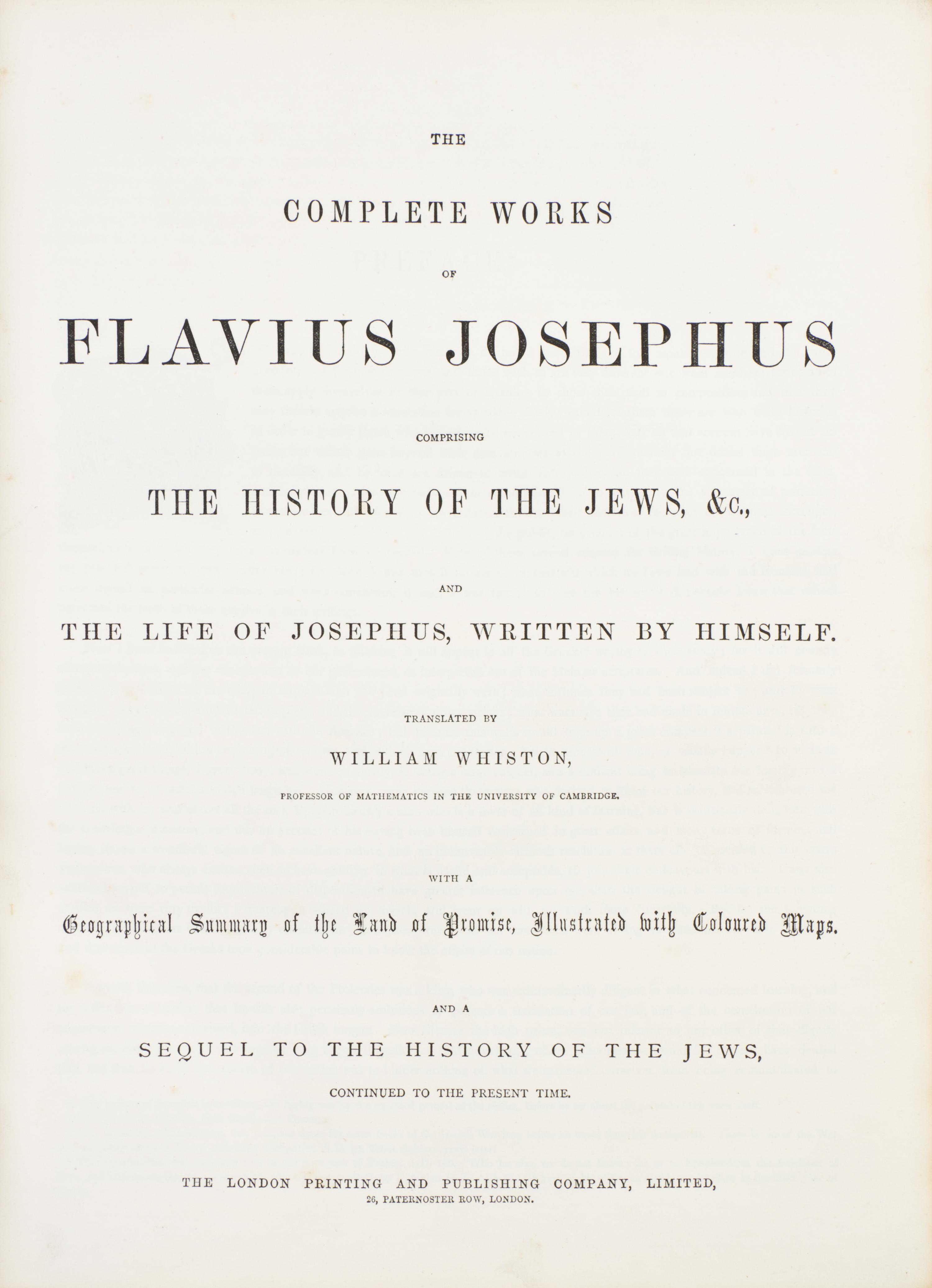 (JOSEPHUS, FLAVIUS) WHISTON, WILLIAM, trans. The Complete Works. London, n.d.
