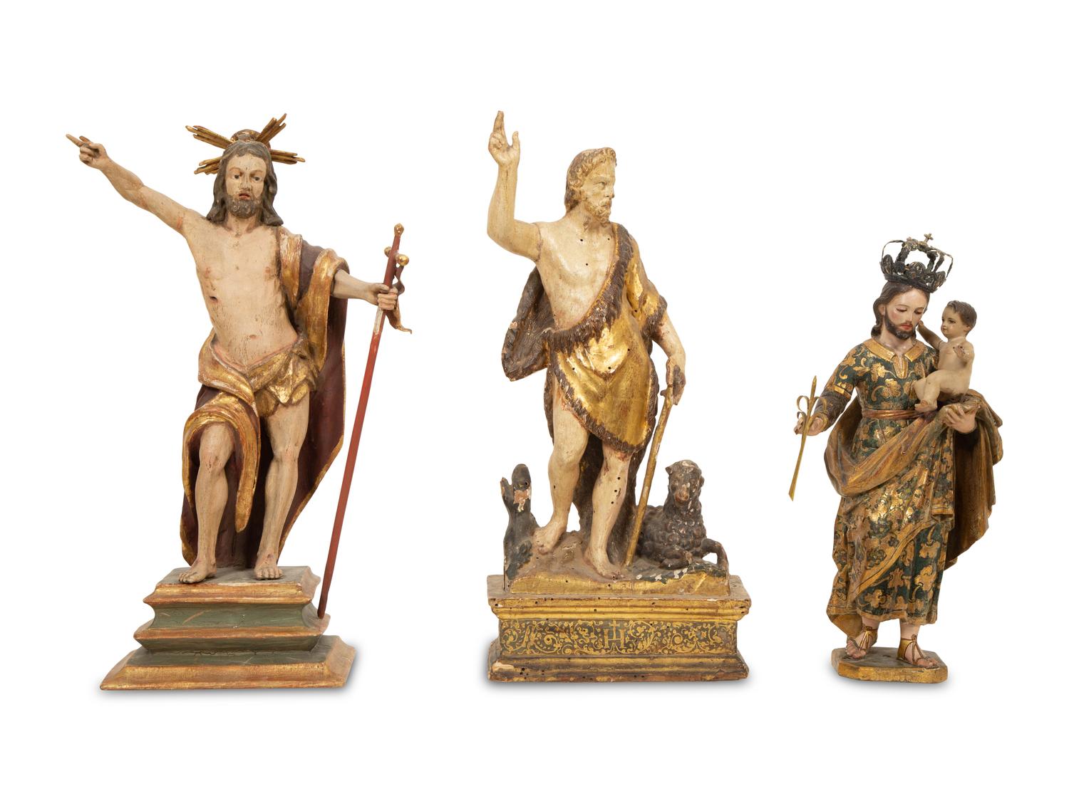 Three Continental Painted Giltwood Santos Figures