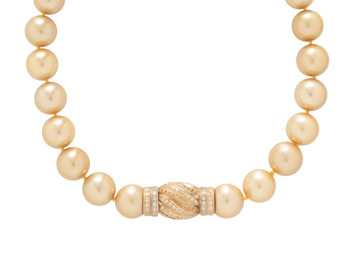 GOLDEN CULTURED PEARL, DIAMOND, AND YELLOW DIAMOND NECKLACE