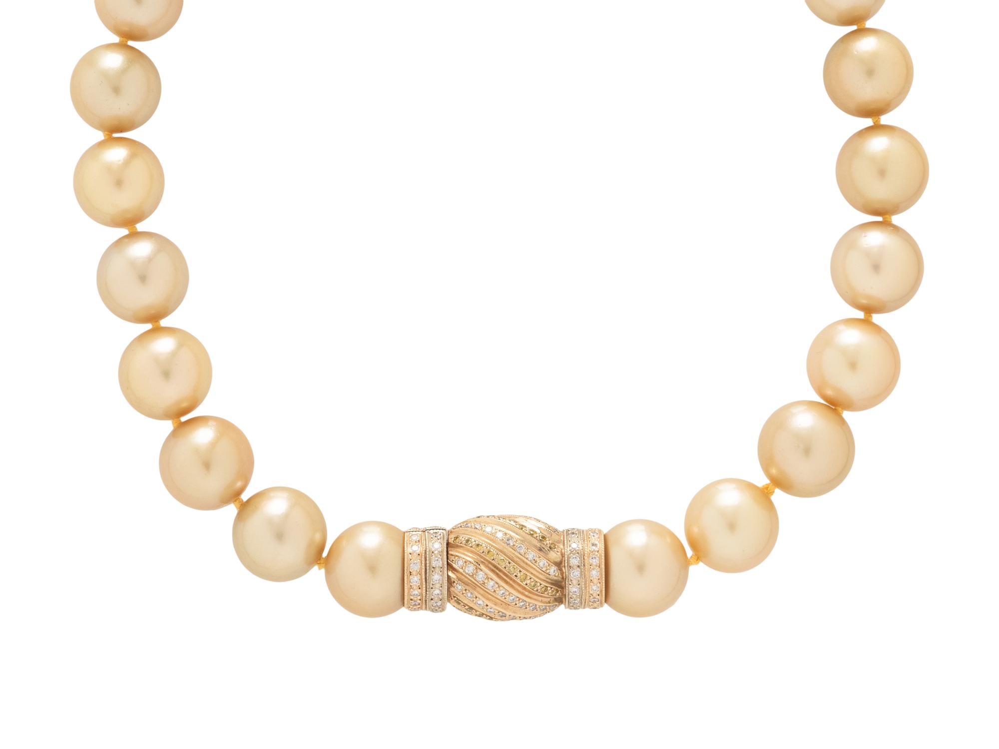 GOLDEN CULTURED PEARL, DIAMOND, AND YELLOW DIAMOND NECKLACE