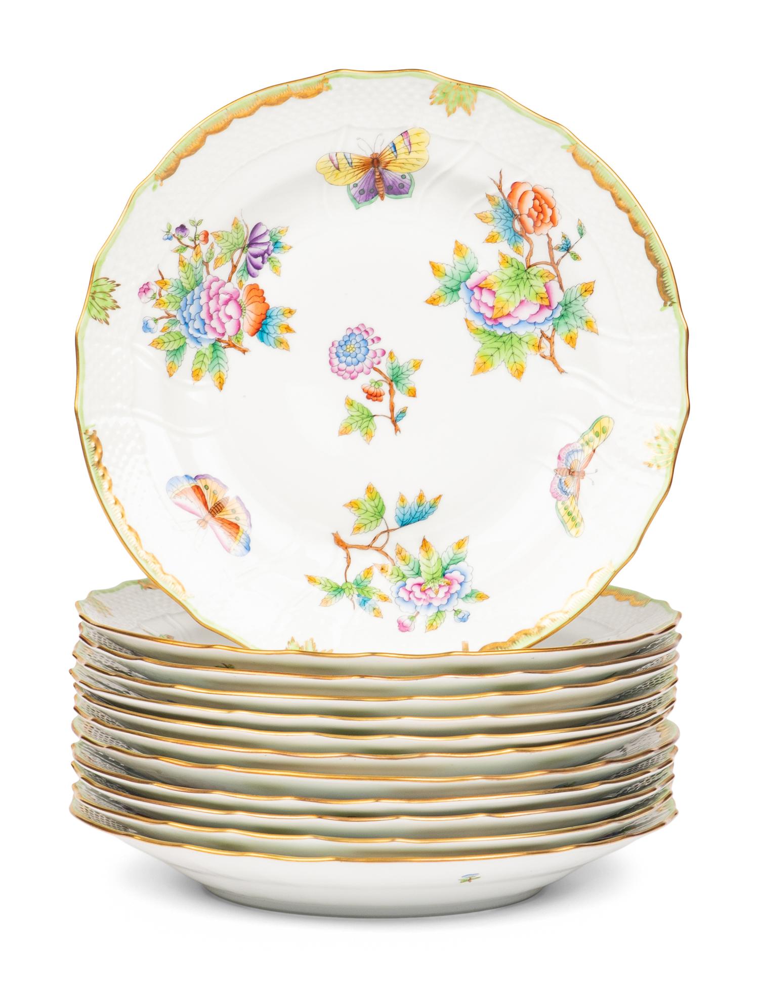 A Set of Twelve Herend Queen Victoria Porcelain Dinner Plates