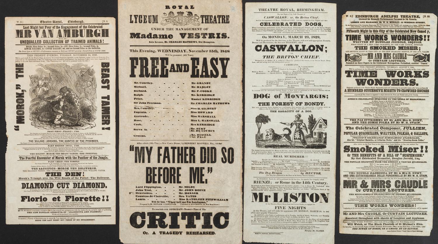 [THEATRE] -- [CIRCUS]. A group of 4 broadsides, promoting Van Amburgh's collection of trained animals and other theatrical performances.