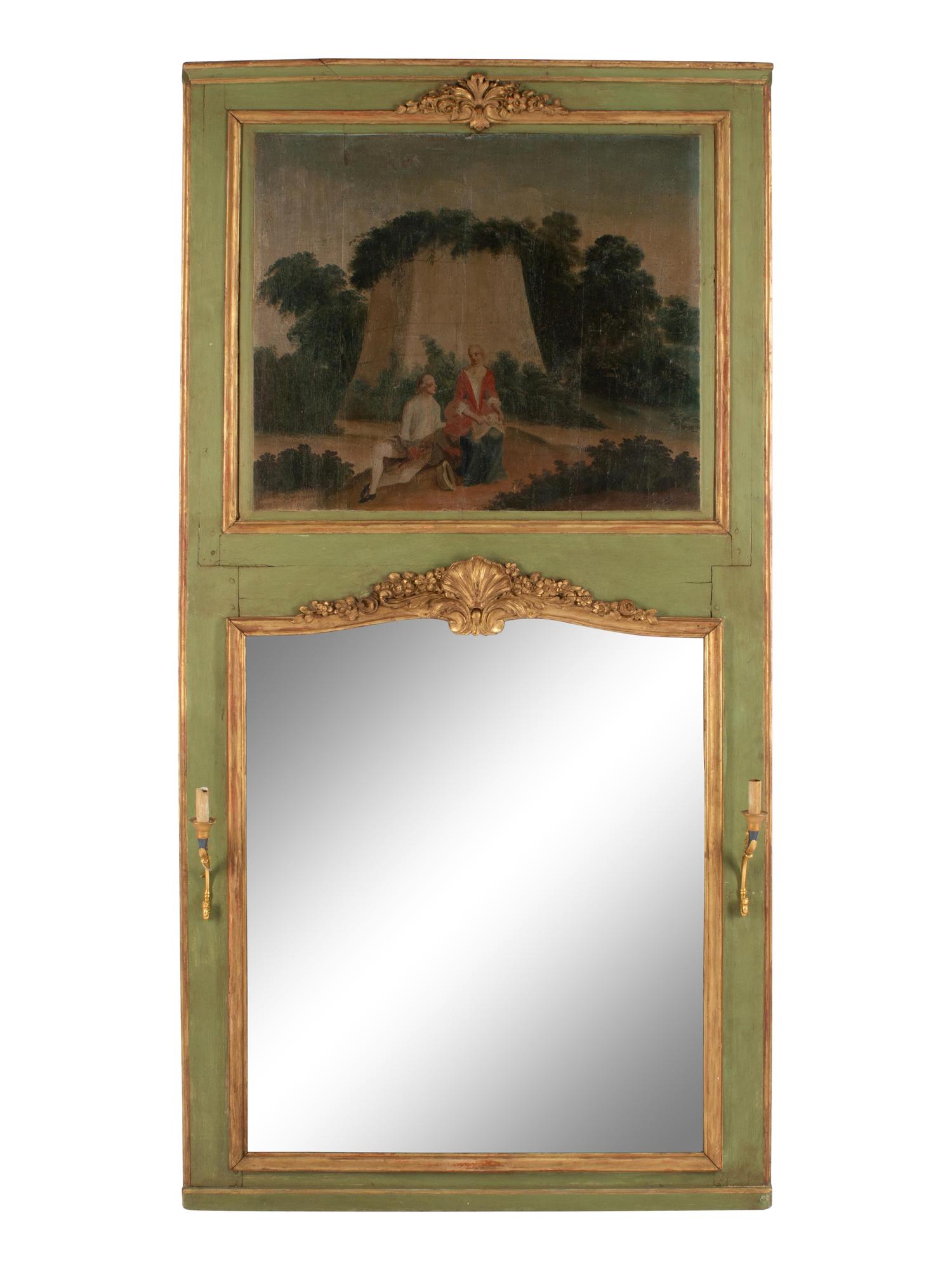 A French Painted and Parcel Gilt Trumeau Mirror