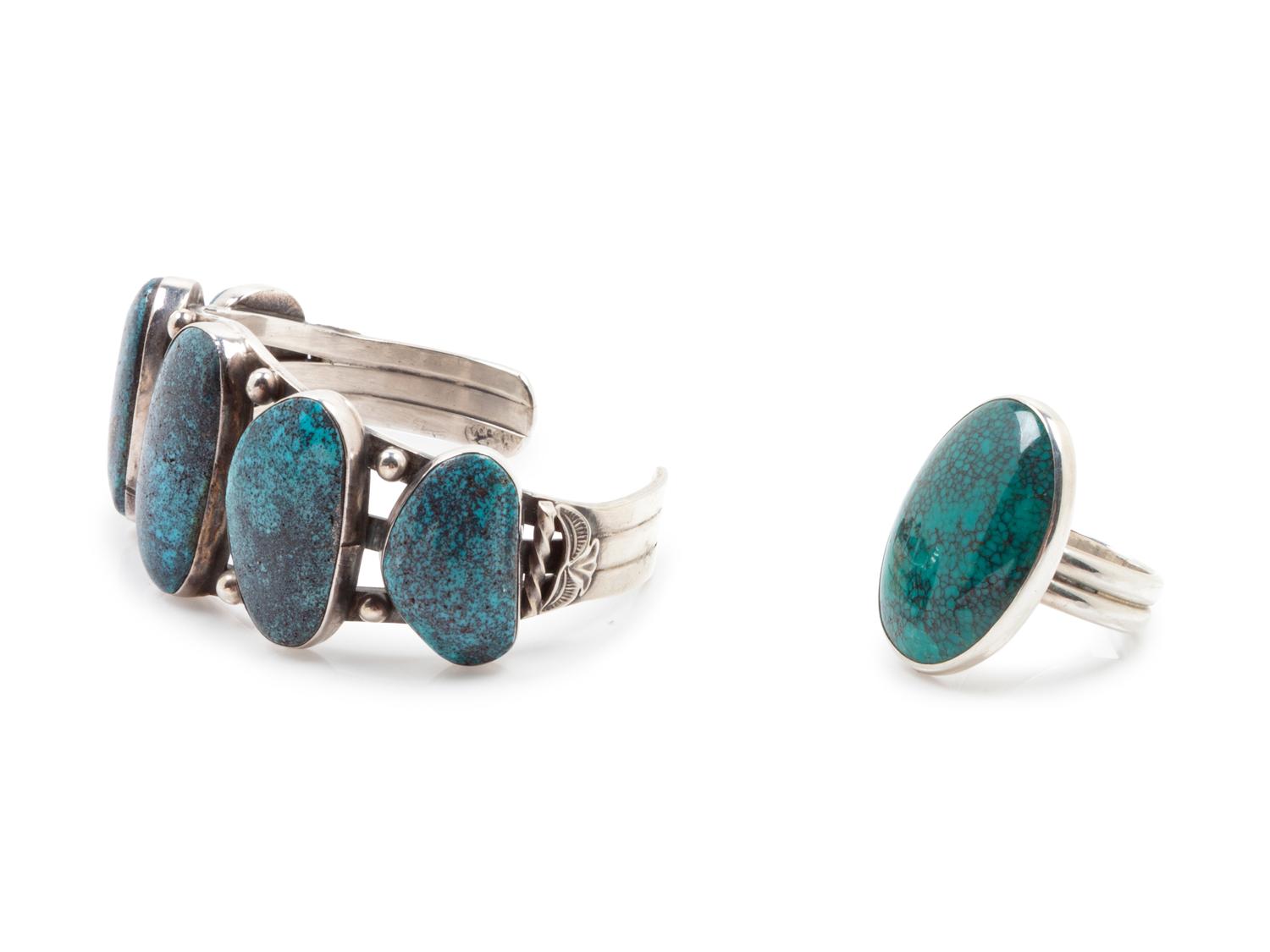 Blue Turquoise Cuff, together with a turquoise ring
