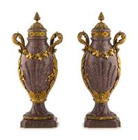 A Pair of Louis XV Style Gilt Bronze Mounted Porphyry Urns