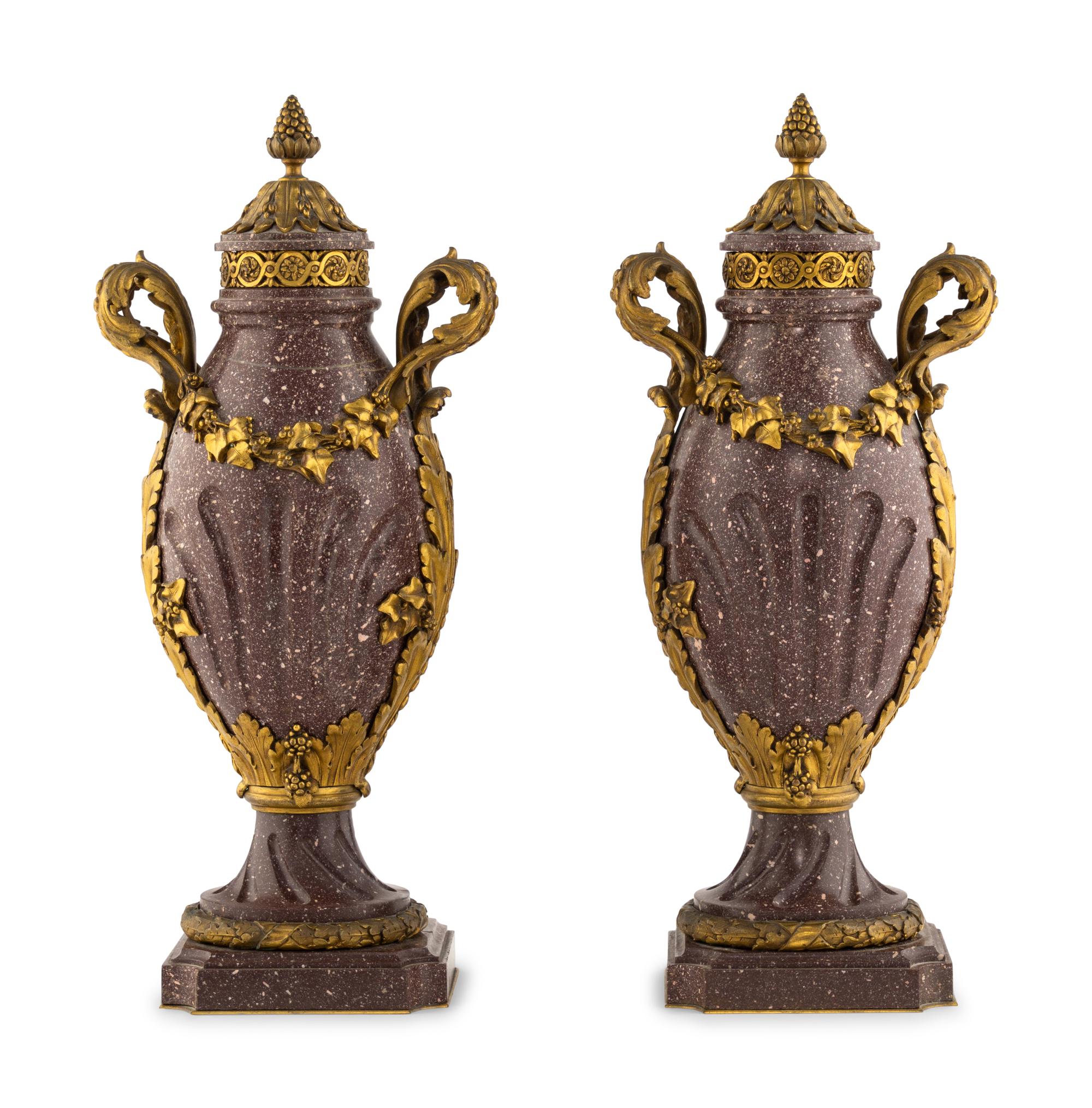 A Pair of Louis XV Style Gilt Bronze Mounted Porphyry Urns