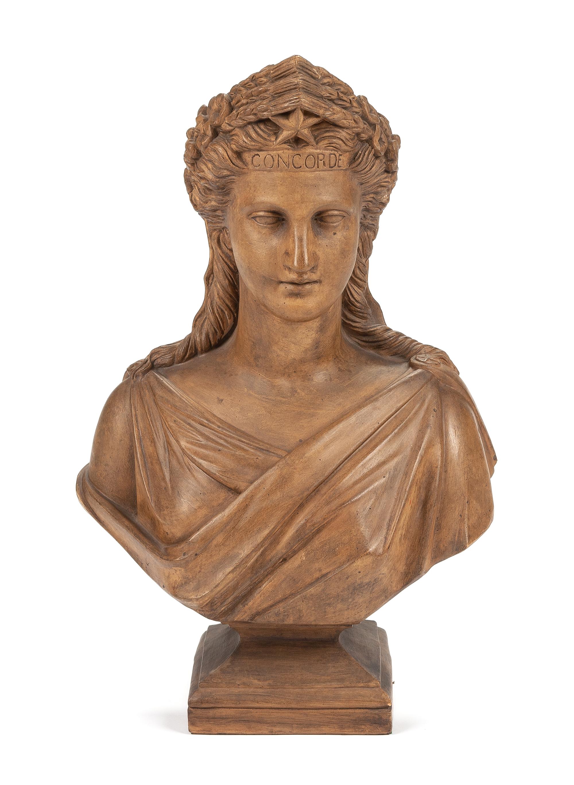A French Terra Cotta Bust of a Woman Height 23 1/2 inches. — 19TH CENTURY