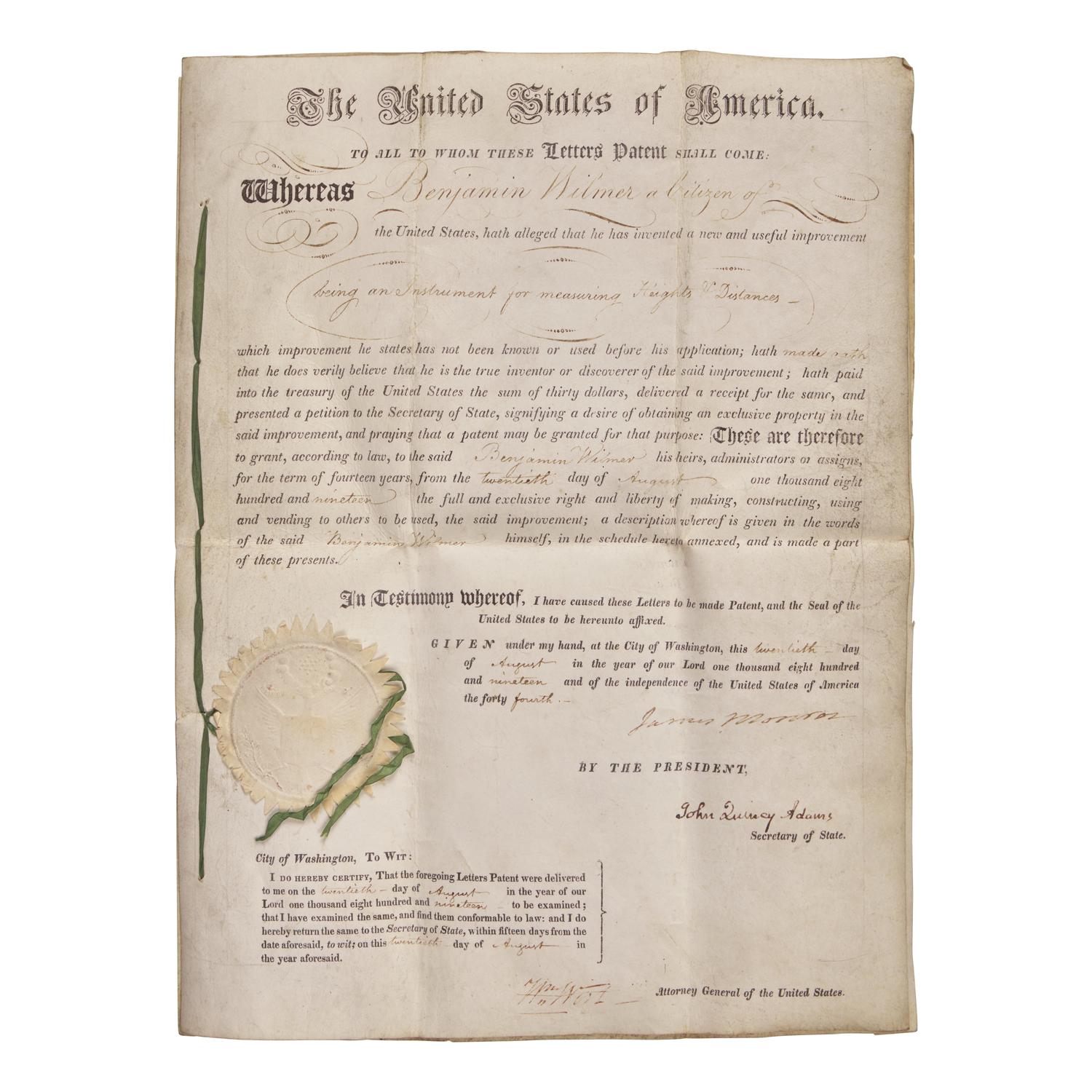 [Presidential] Monroe, James, and John Quincy Adams. Patent Document, signed