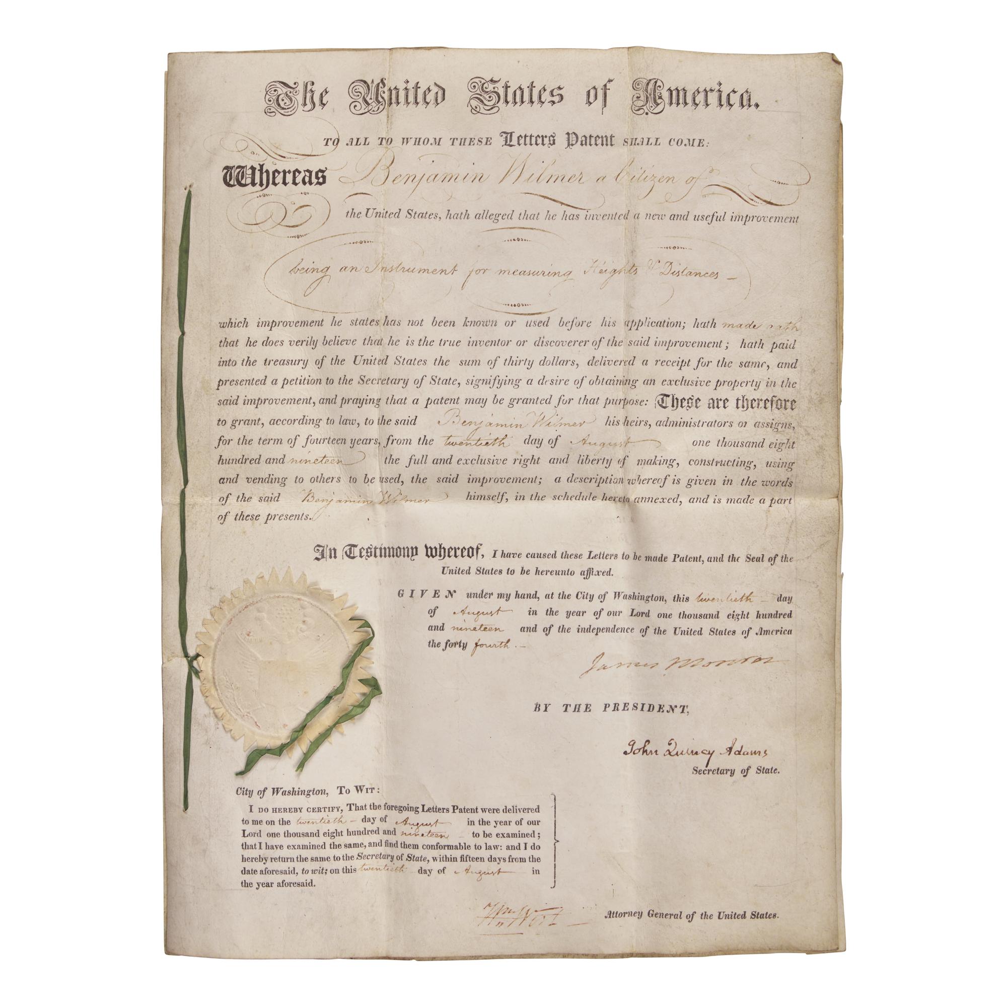 [Presidential] Monroe, James, and John Quincy Adams. Patent Document, signed