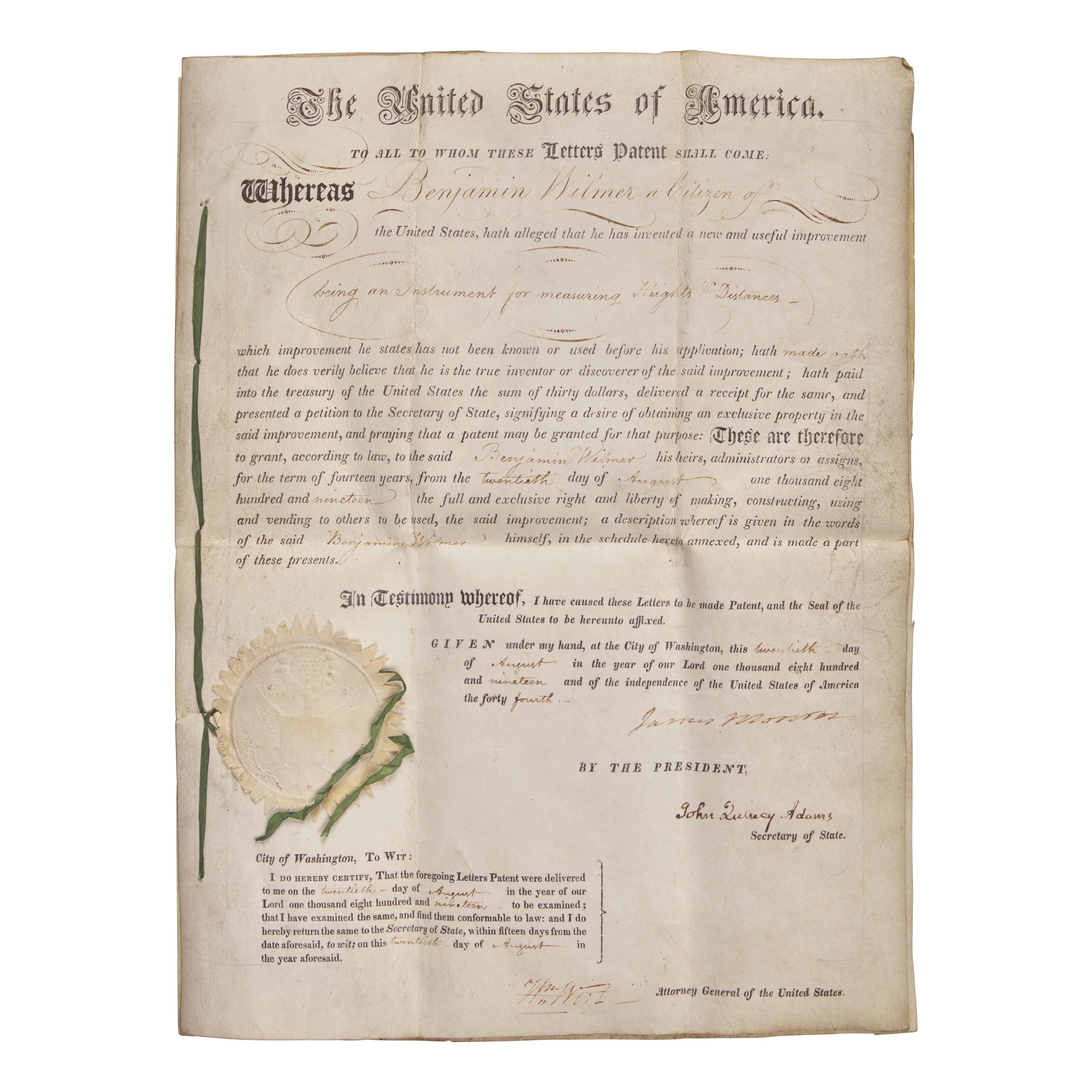 [Presidential] Monroe, James, and John Quincy Adams. Patent Document, signed