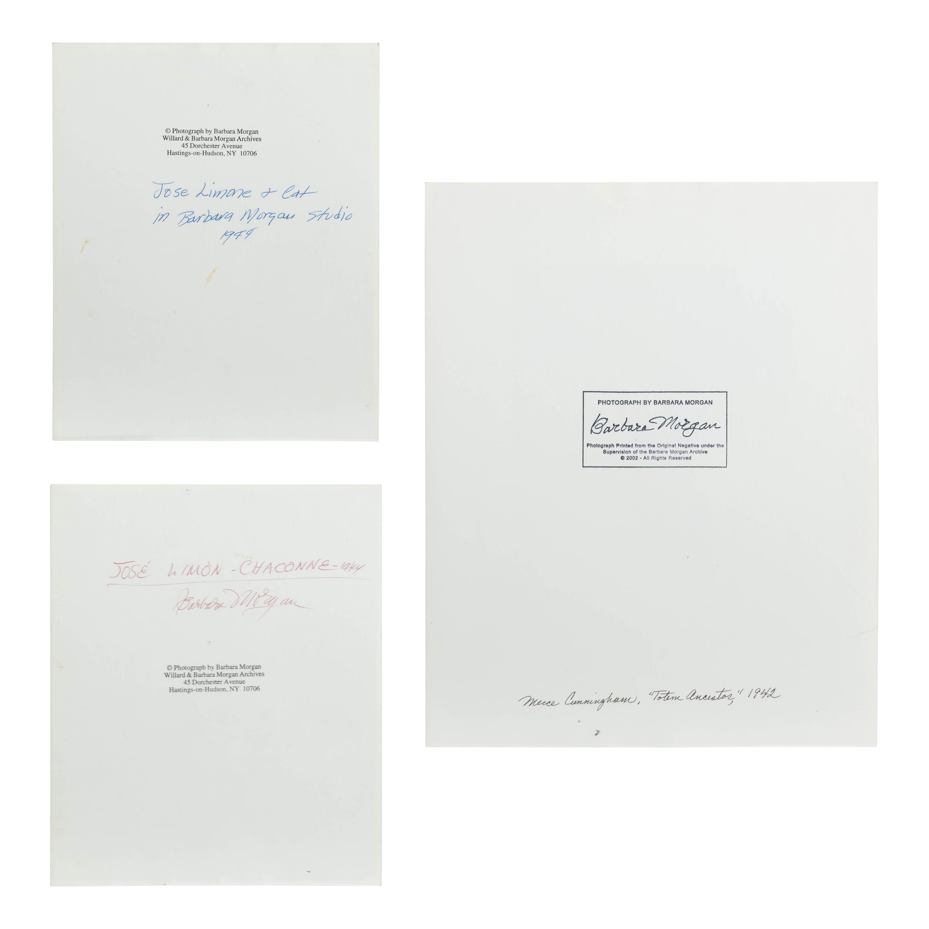 Barbara Morgan (American, 1900–1992) — Three Works ( José Limón, Chaconne , 1944; J osé Limón + Cat in Barbara Morgan Studio , 1944; Merce Cunningham-Totem Ancestor , 1942); printed later
