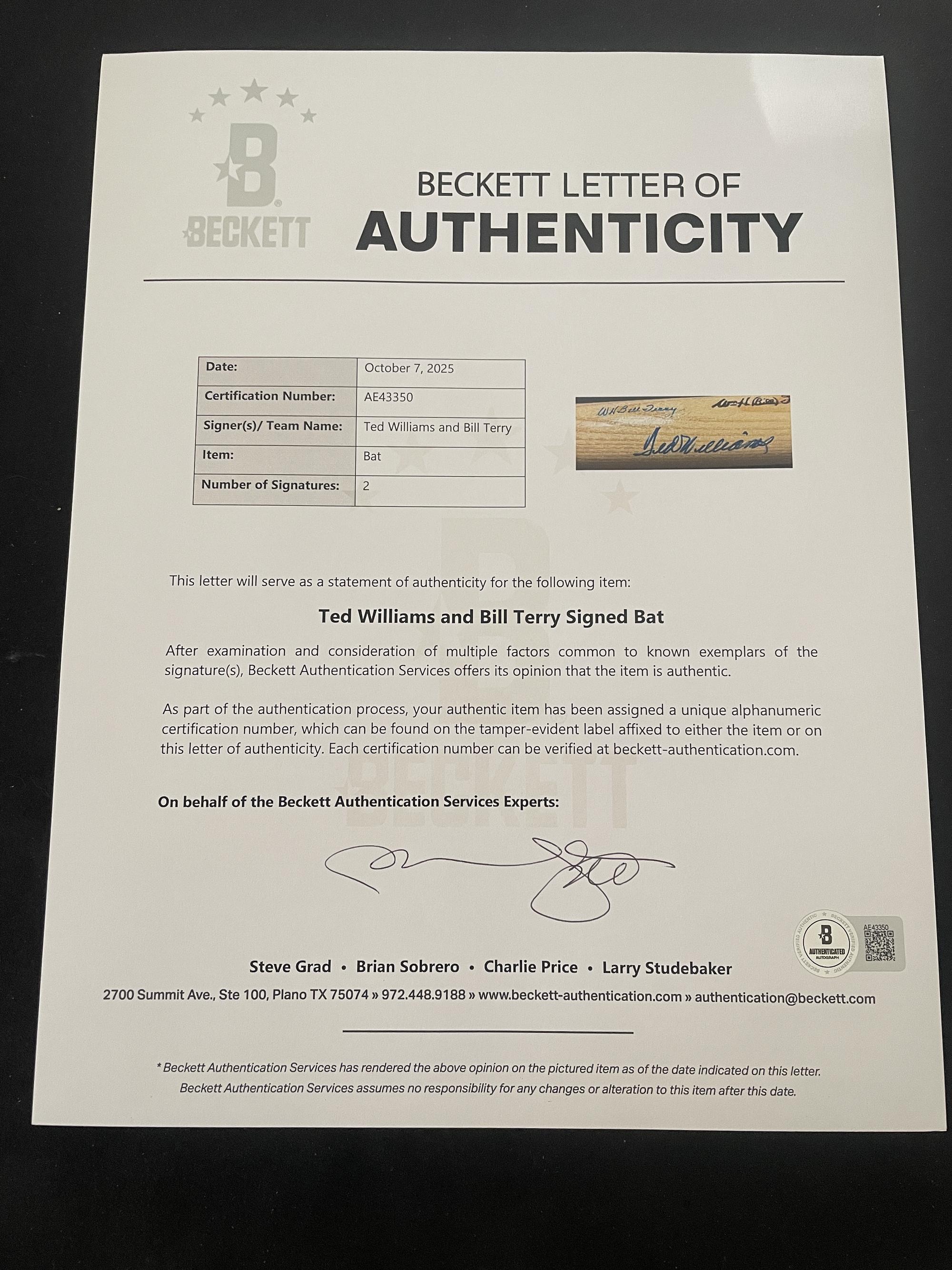 A Ted Williams and Bill Terry Dual Signed Autograph Bat (Beckett Authentication Services Letter)