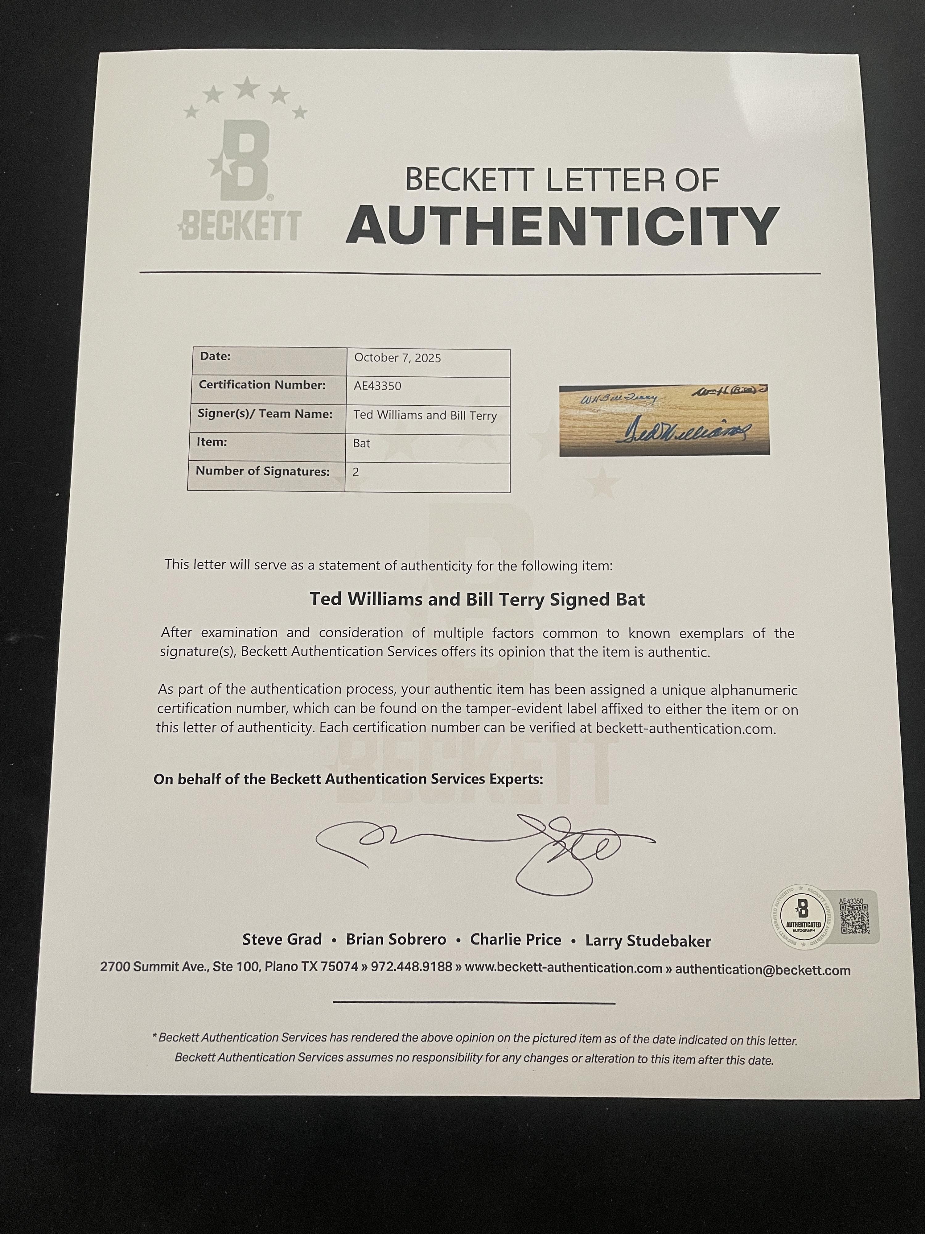 A Ted Williams and Bill Terry Dual Signed Autograph Bat (Beckett Authentication Services Letter)
