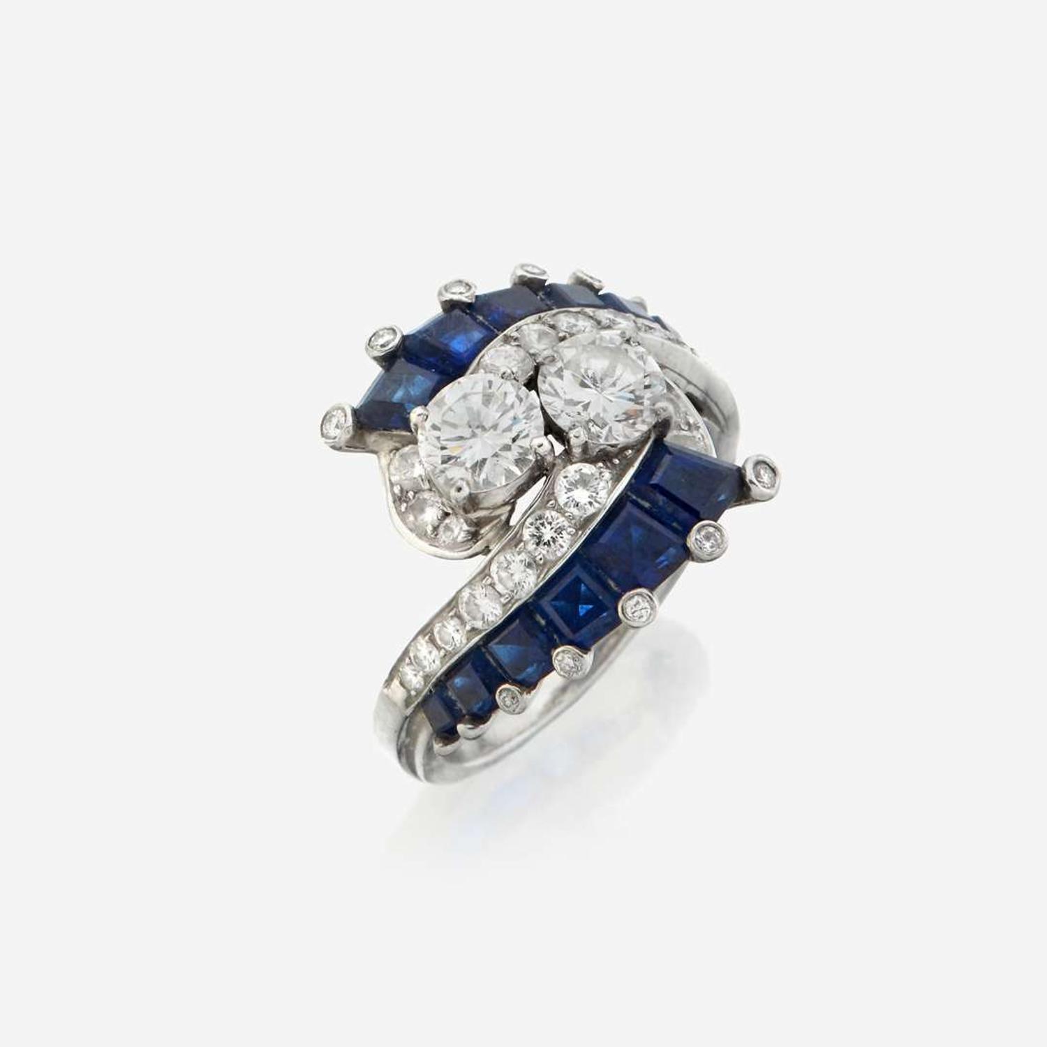 A diamond, sapphire, and platinum ring