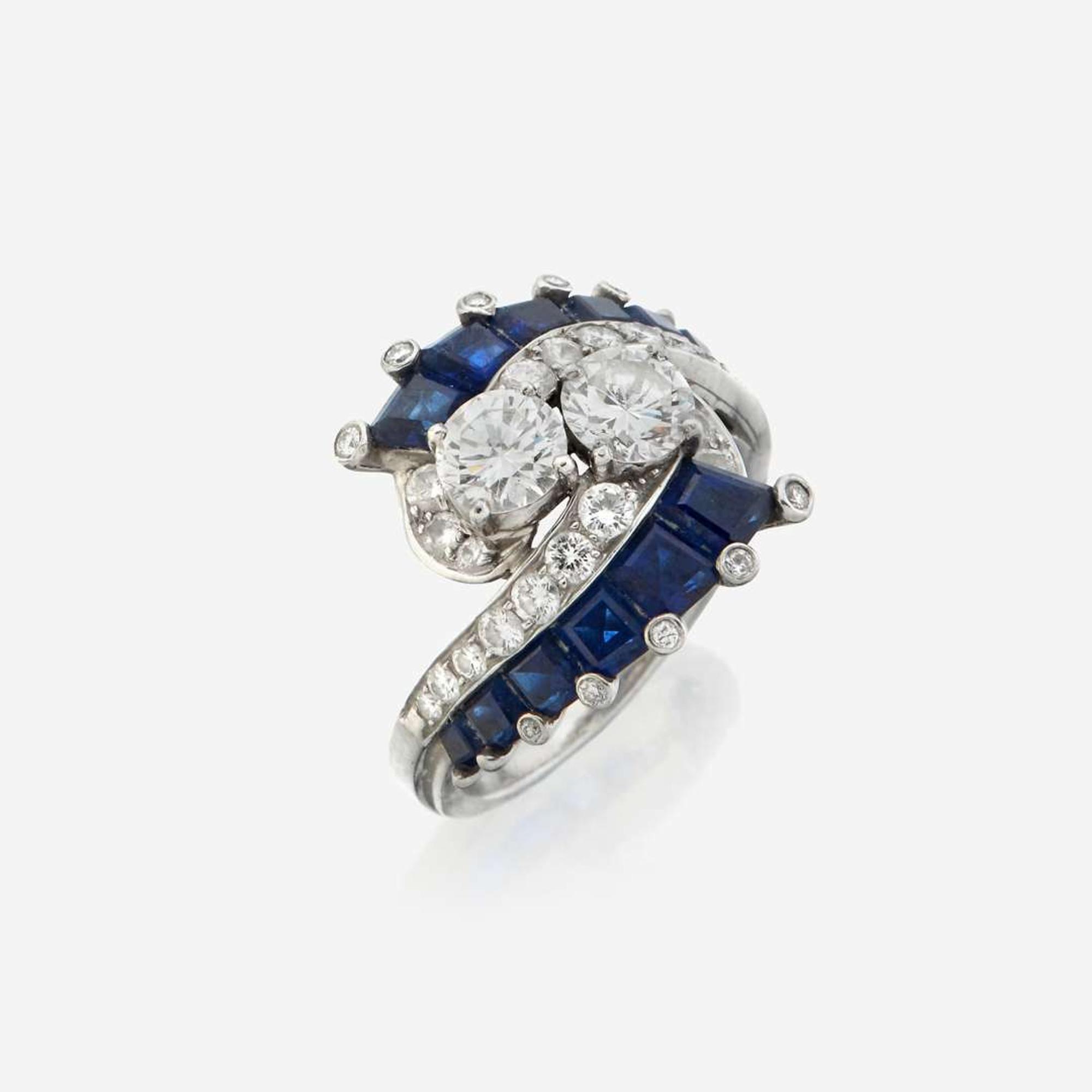 A diamond, sapphire, and platinum ring