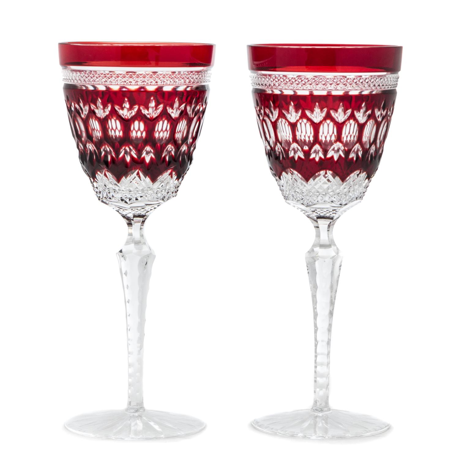 A Pair of Red Cut to Clear Glass Wine Stems Height 9 inches.