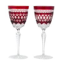A Pair of Red Cut to Clear Glass Wine Stems Height 9 inches.