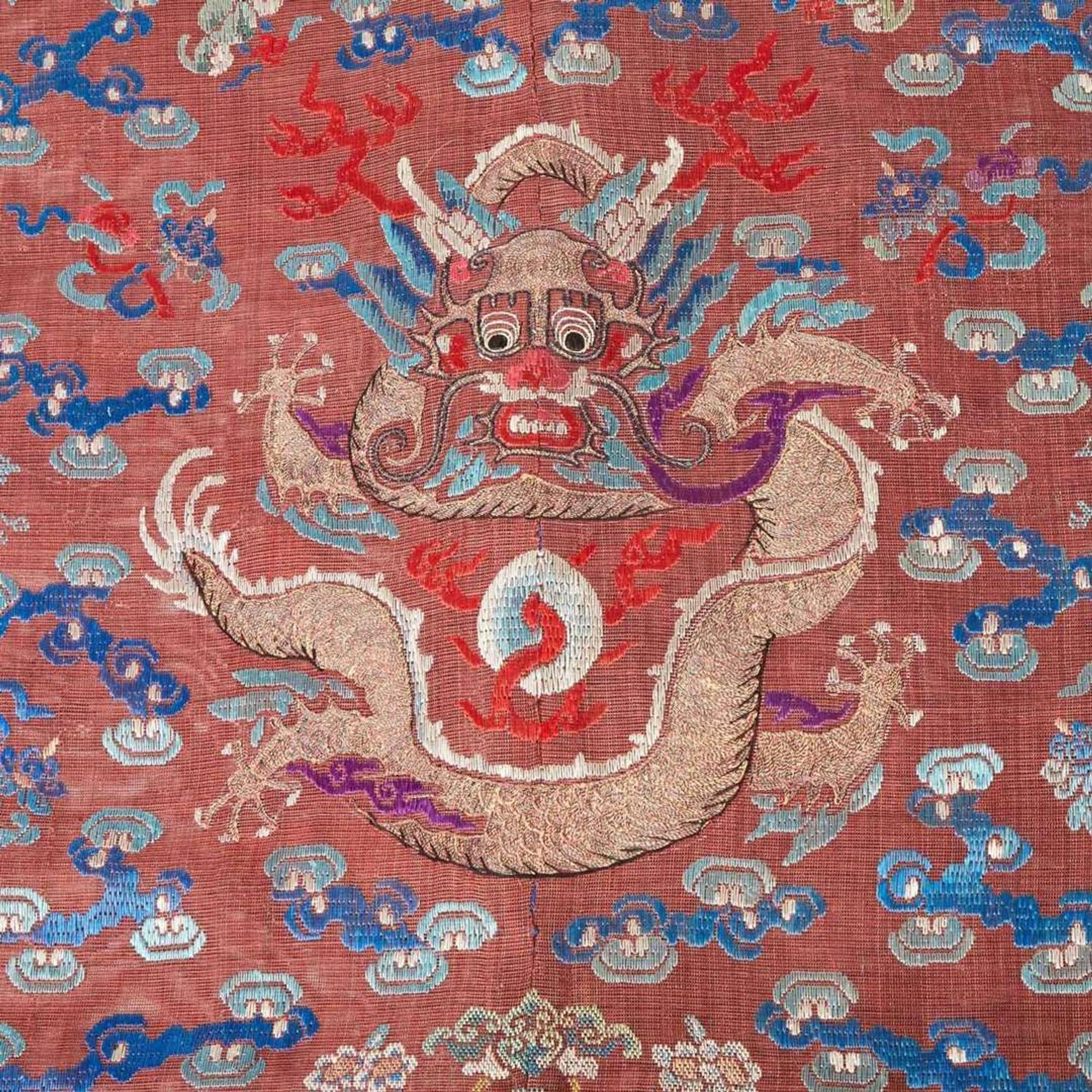 A Chinese counted-stitch silk-embroidered gauze "Nine-Dragon" robe 刺绣九龙长袍一件 Qing dynasty ?