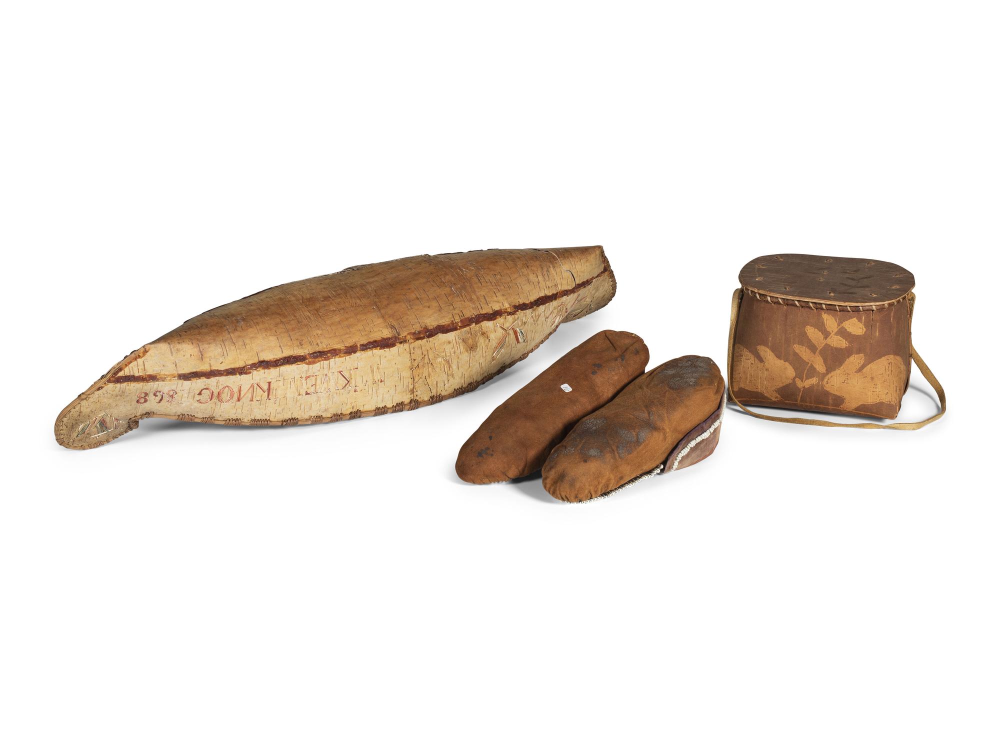 Great Lakes Birchbark Canoe, Basket, and Moccasins