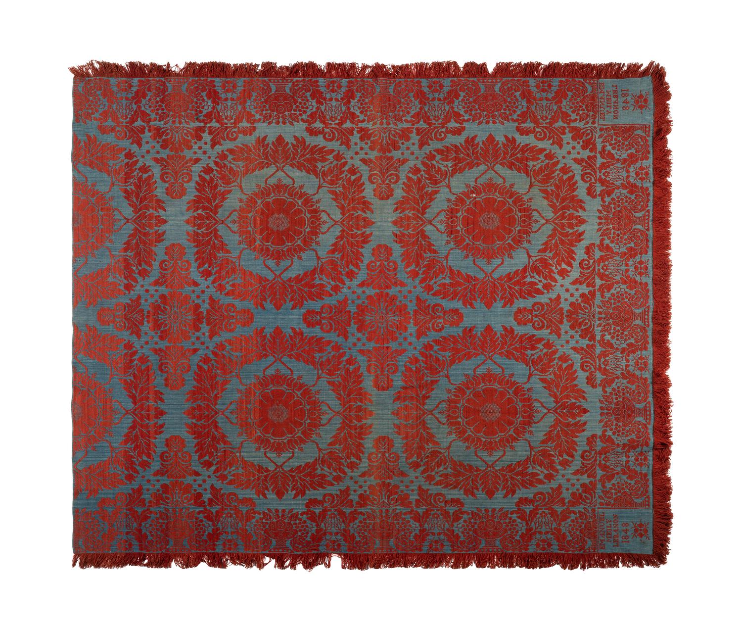 Two Blue and Orange Jacquard Wool and Cotton Coverlets