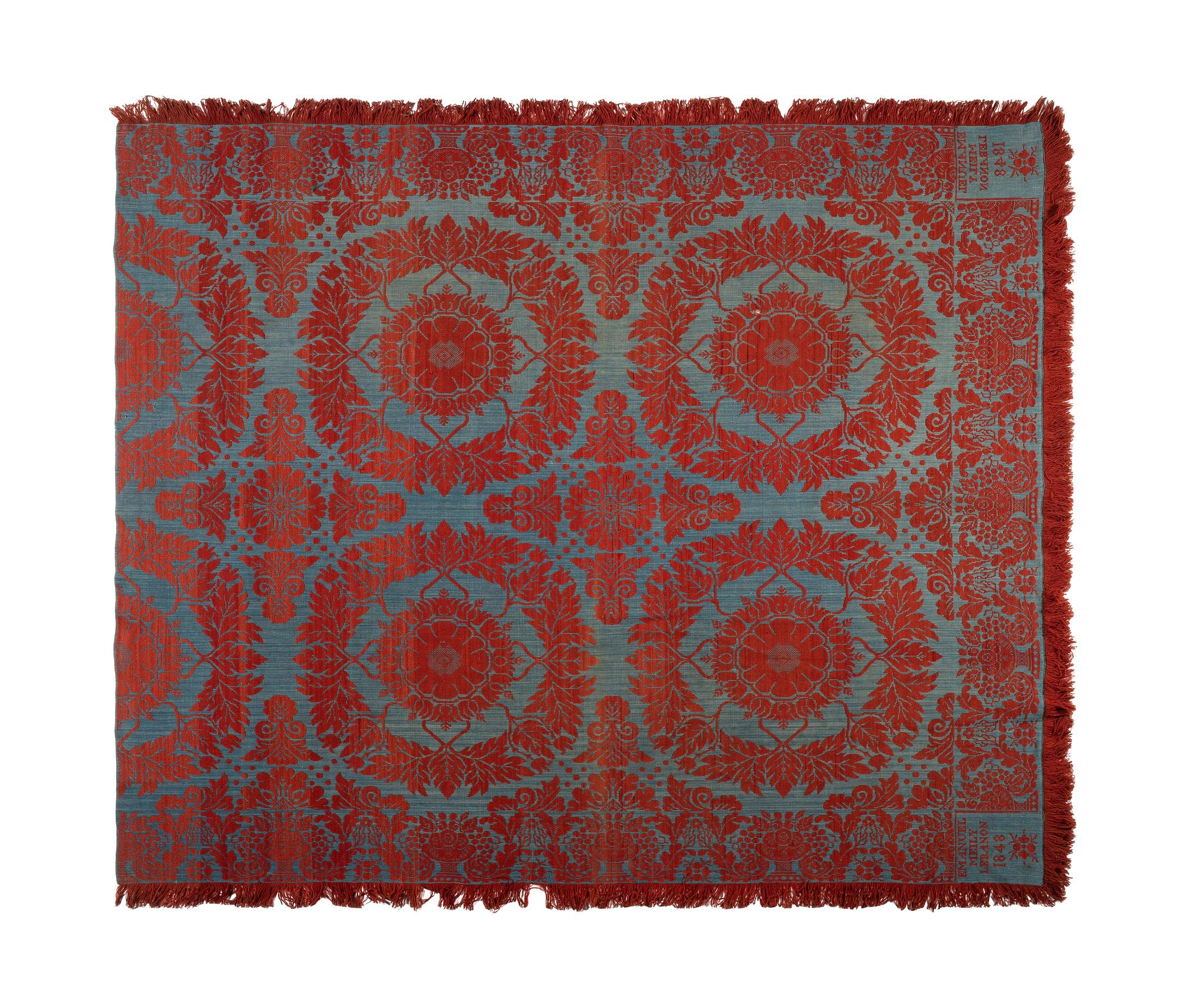 Two Blue and Orange Jacquard Wool and Cotton Coverlets