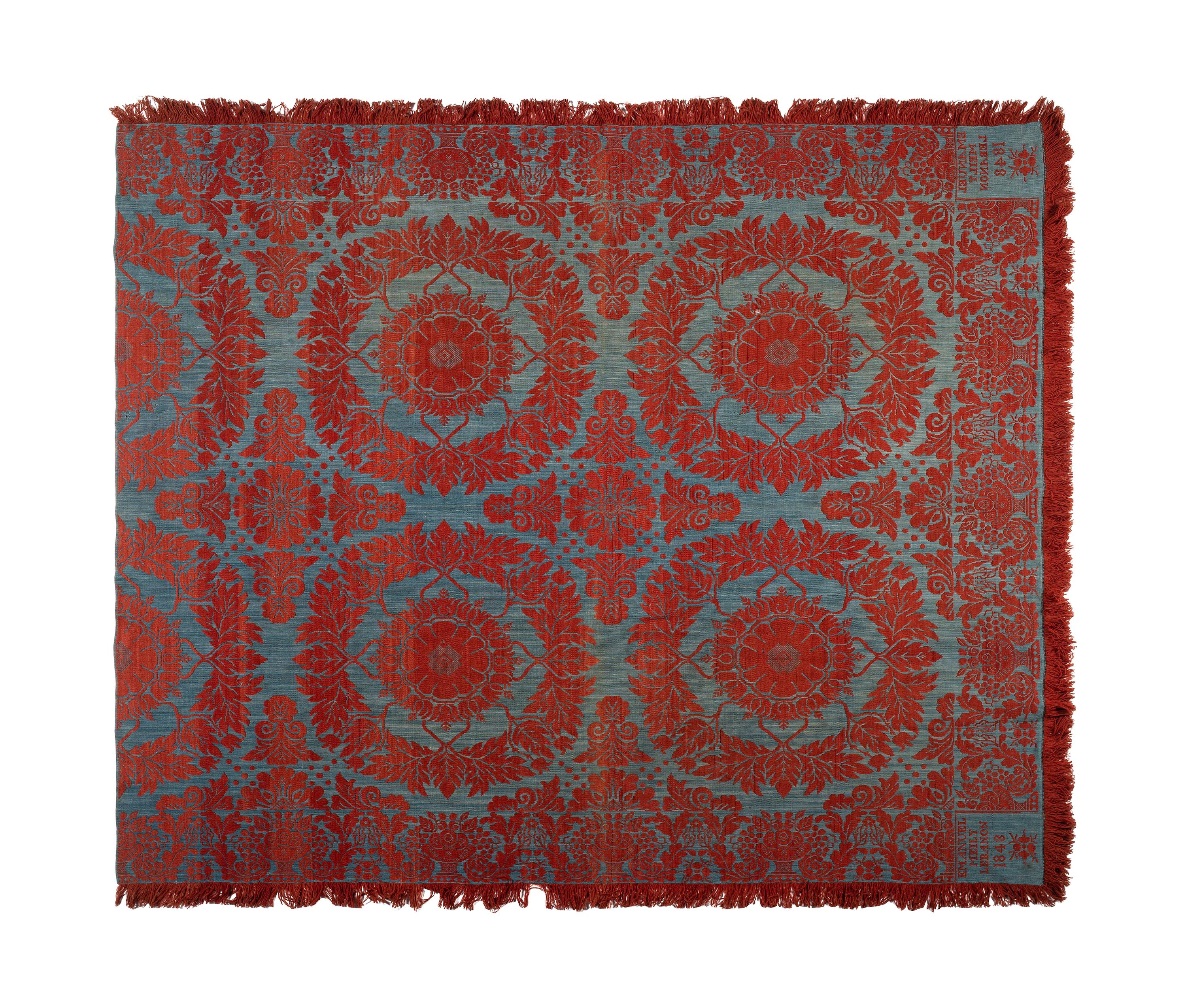 Two Blue and Orange Jacquard Wool and Cotton Coverlets