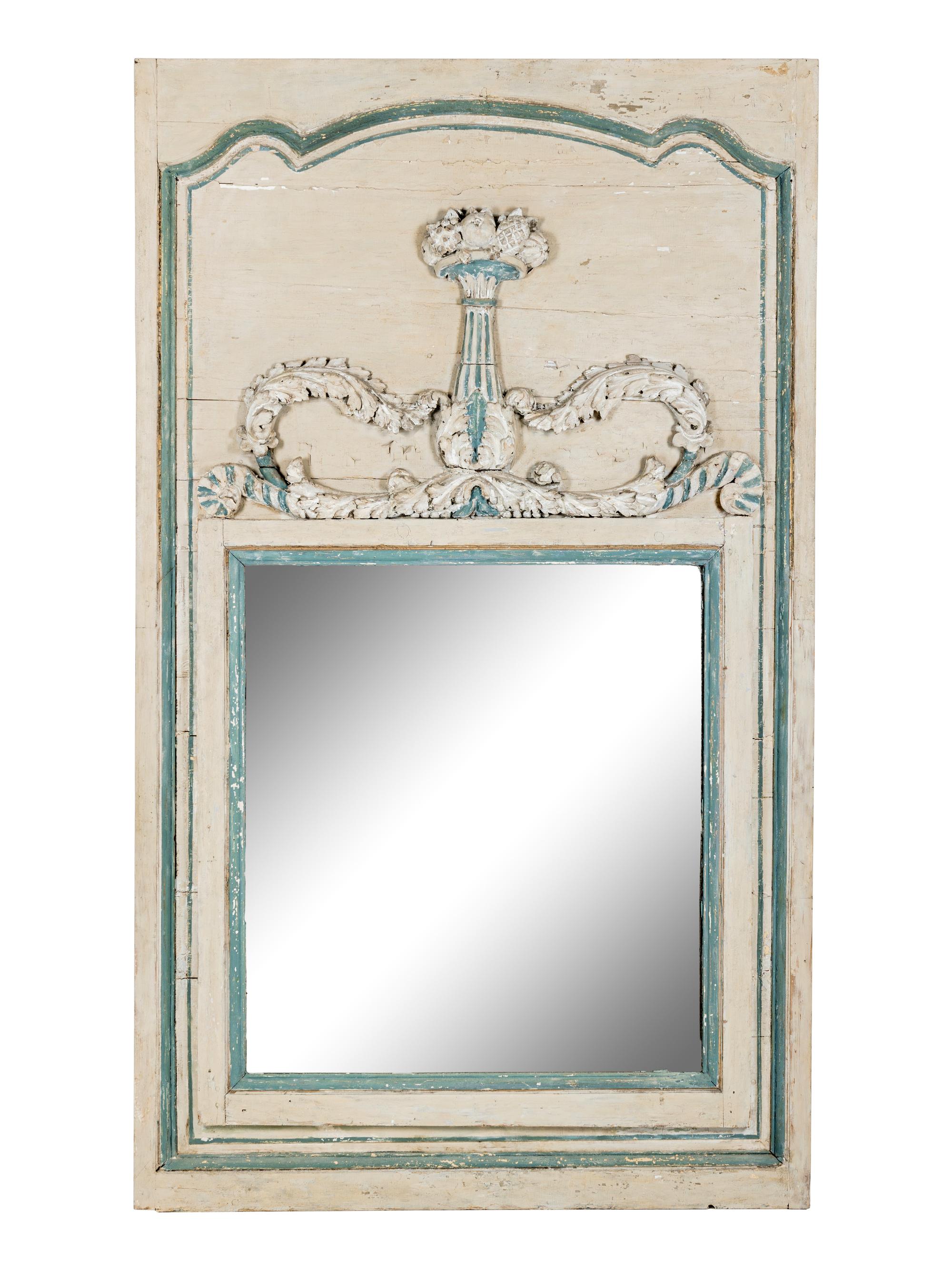 A Louis XV/XVI Transitional Grey and Blue-Painted Trumeau
