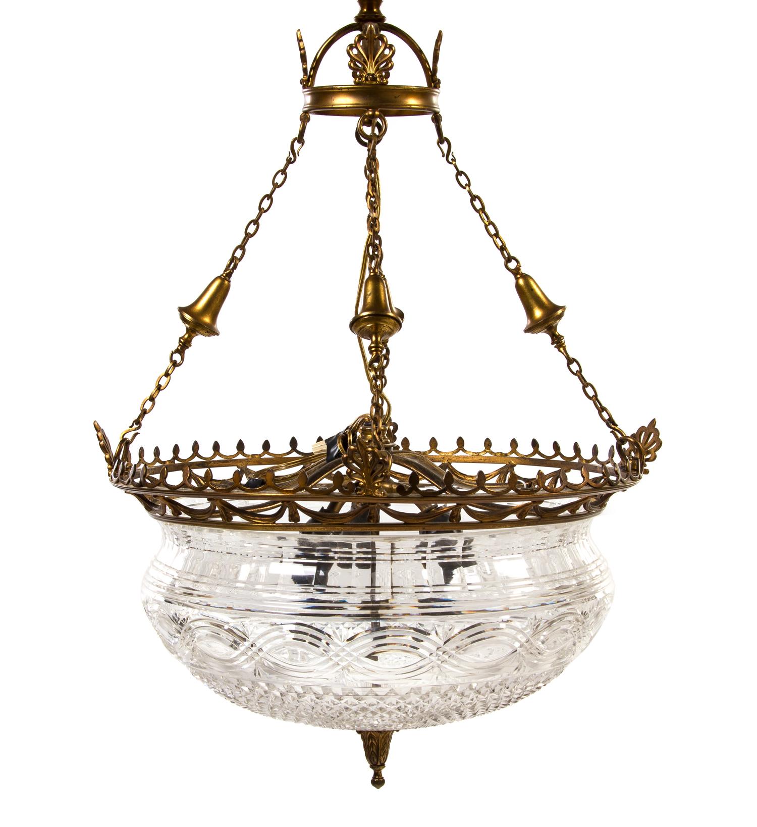 An English Gilt Bronze and Cut Glass Chandelier, Height 24 x diameter 17 inches.