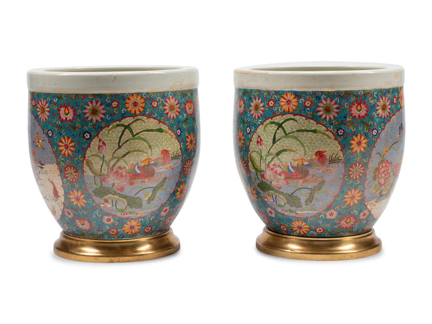A Pair of Chinese Export Cloisonné-over-Porcelain Jardinières with Gilt Bronze Bases