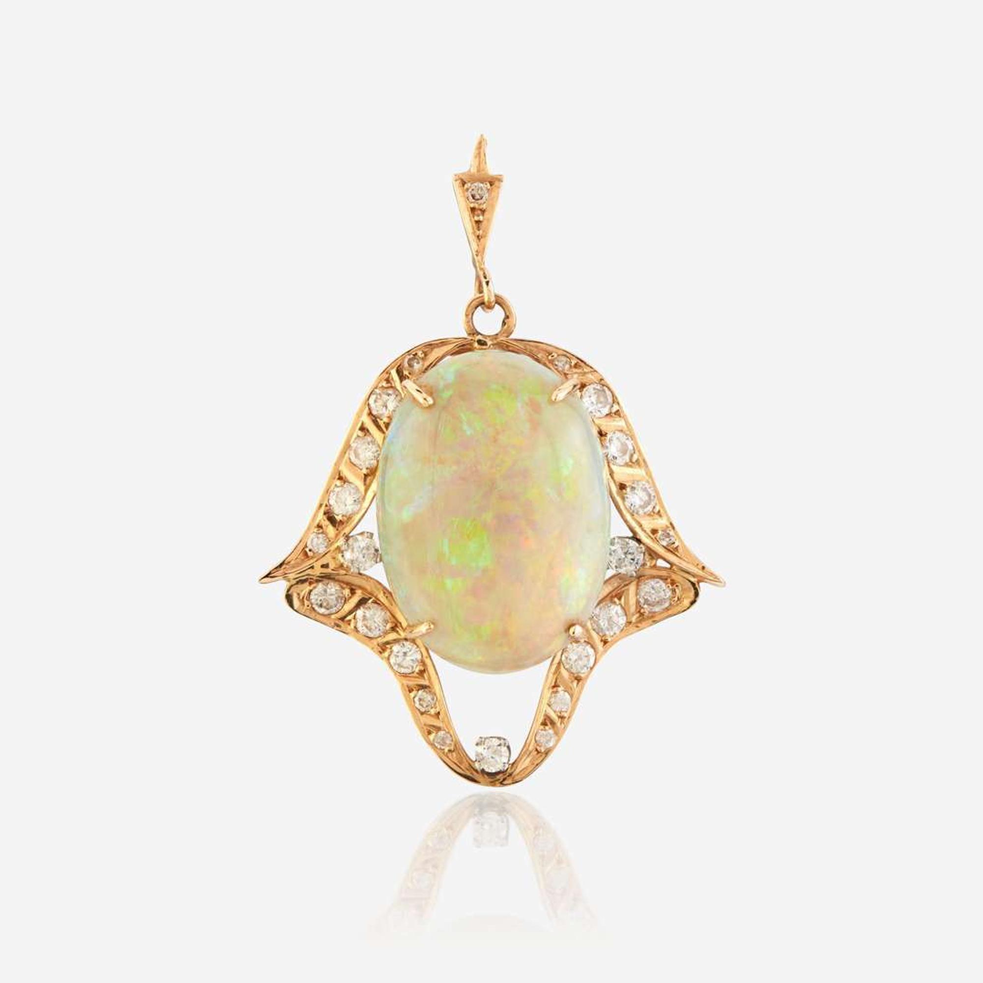 An opal, diamond, and gold pendant