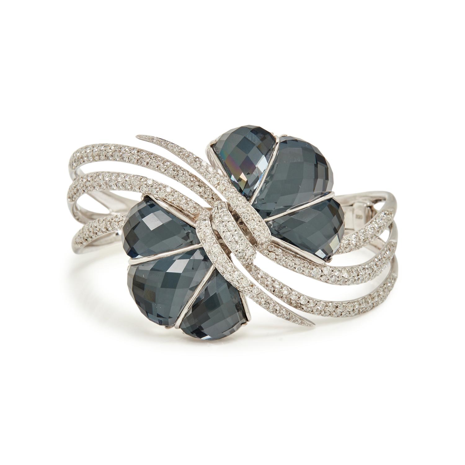 STEPHEN WEBSTER, WHITE GOLD, DIAMOND, HEMATITE, AND QUARTZ 'FORGET ME KNOT' BANGLE BRACELET