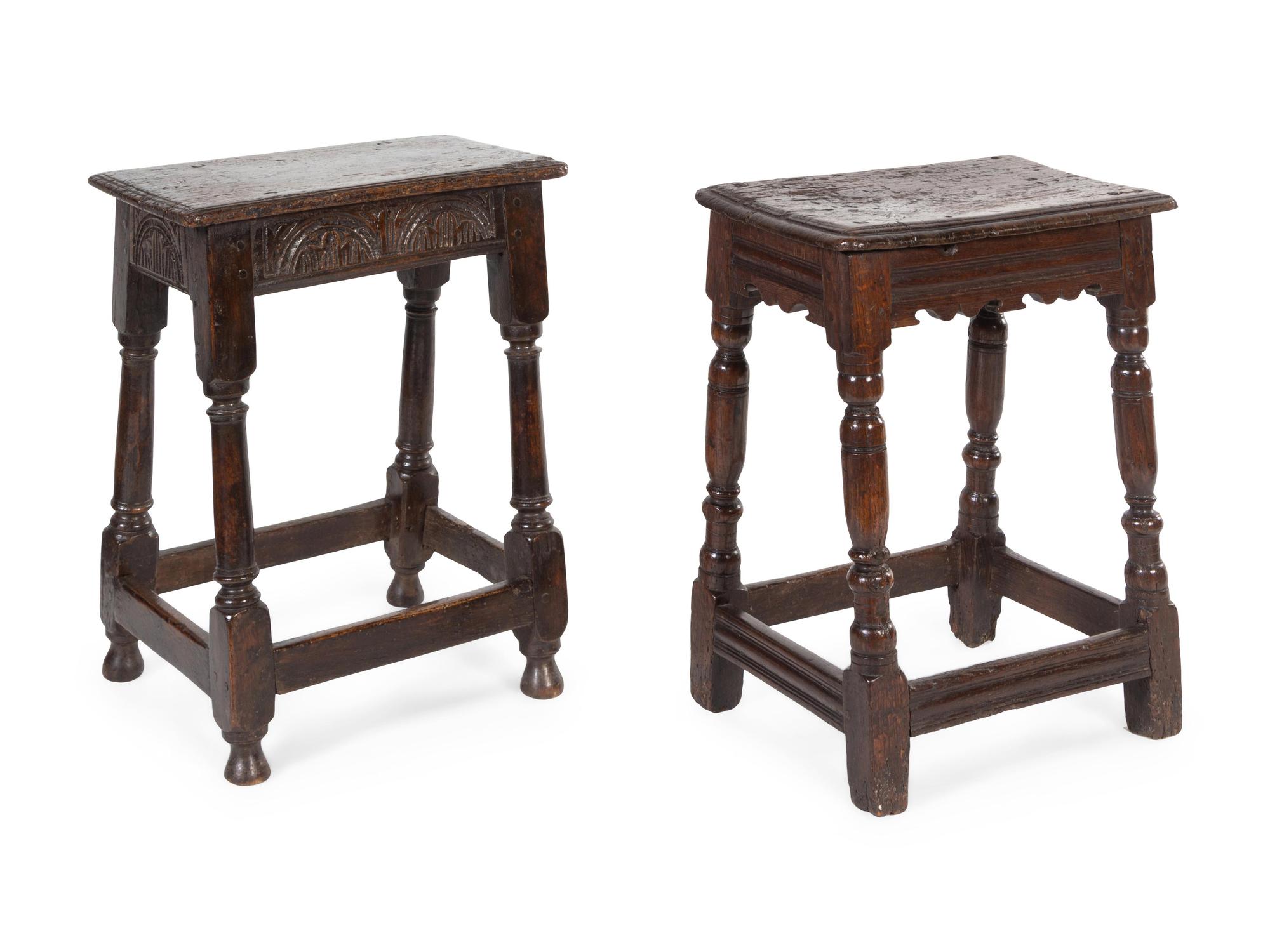 Two Jacobean Oak Bench Stools