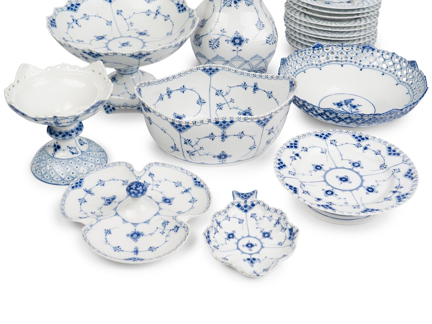 An Assembled Royal Copenhagen Blue Fluted Full Lace Porcelain Partial Dessert Service