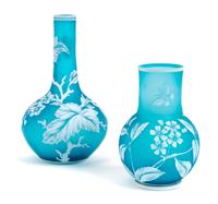 English, LATE 19TH CENTURY, two cameo glass vases, each of bottle form with foliate decoration, the shorter also decorated with butterf