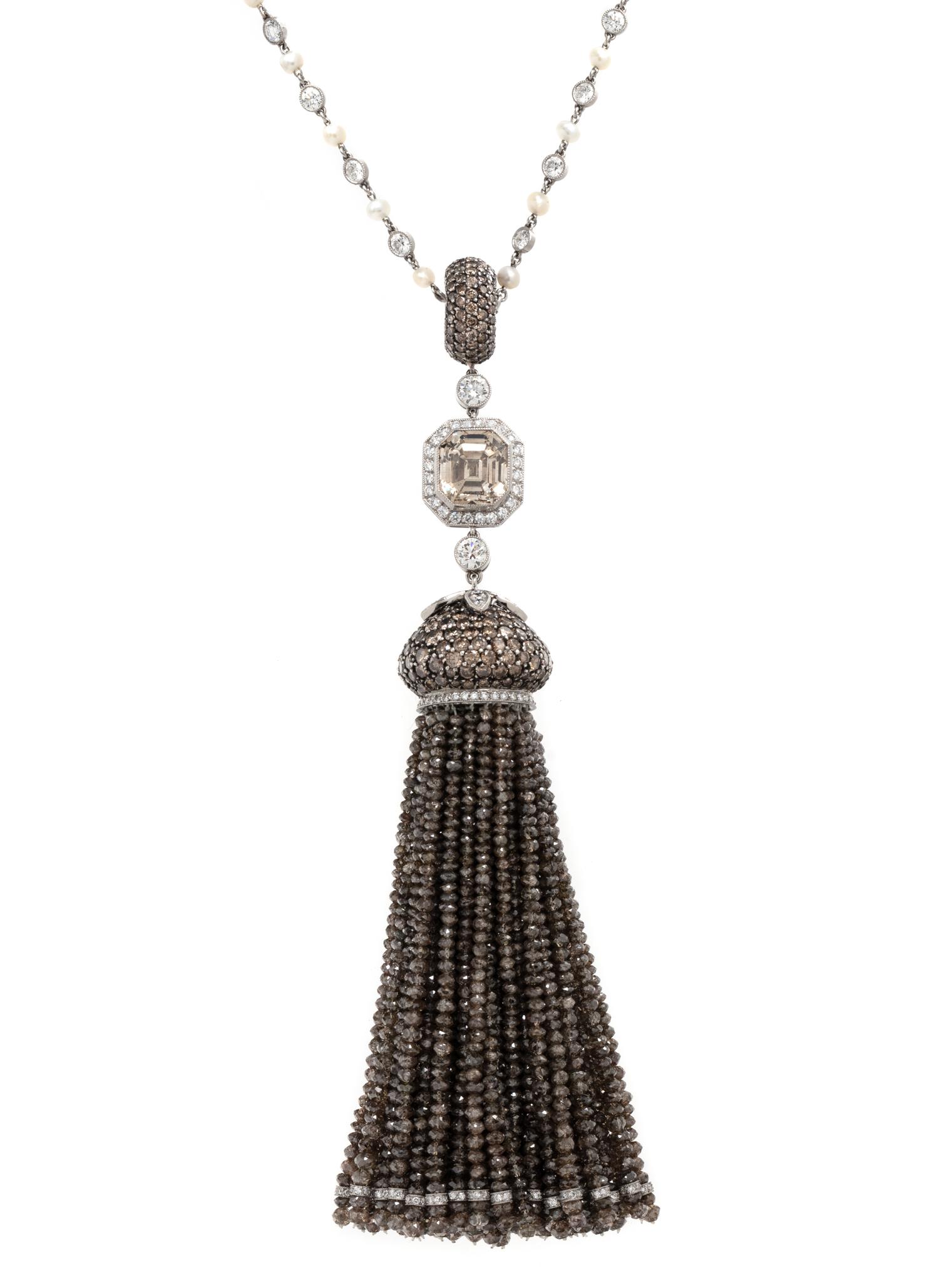 EVELYN CLOTHIER, COLORED DIAMOND, DIAMOND AND CULTURED PEARL TASSEL NECKLACE