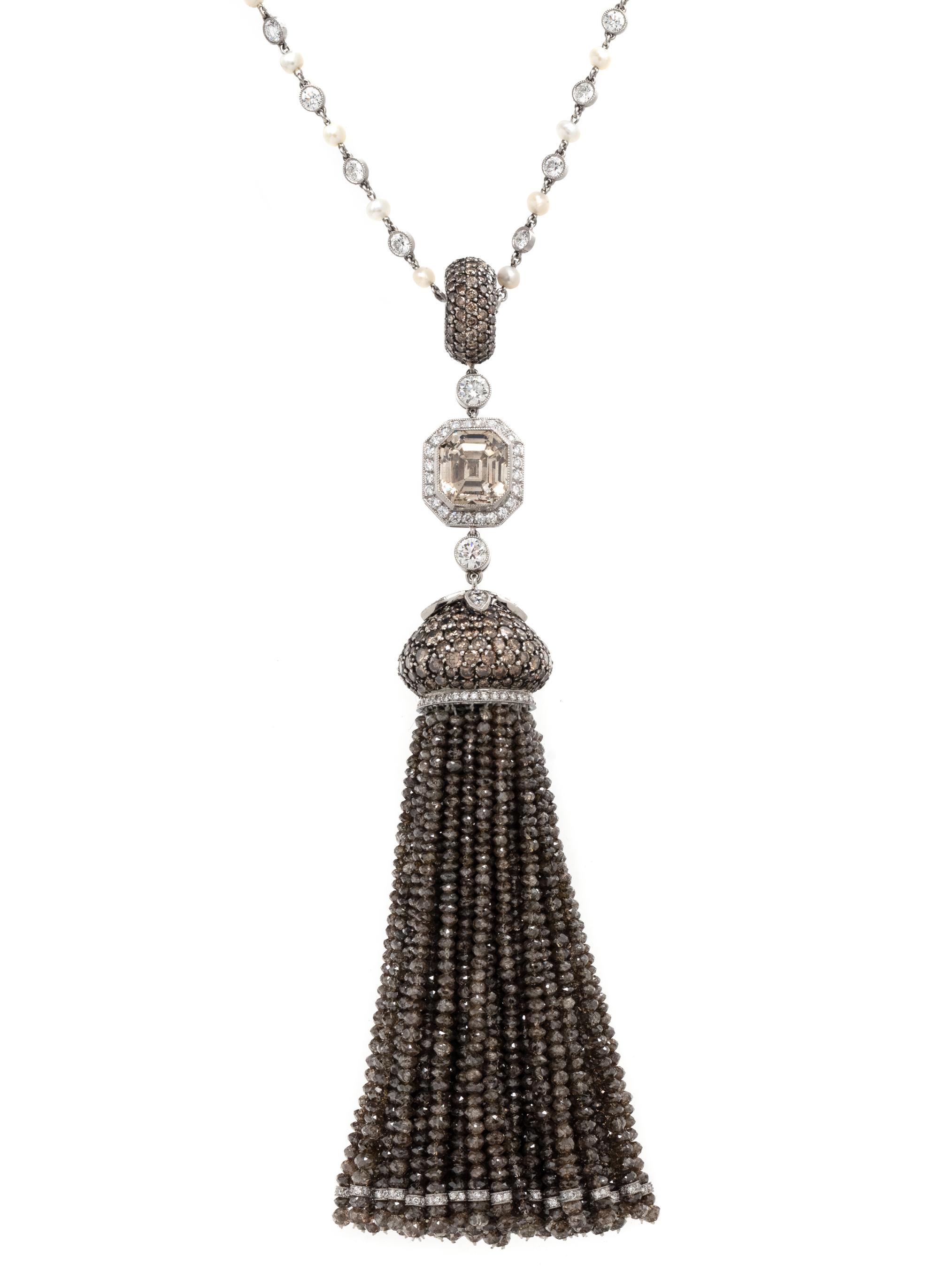 EVELYN CLOTHIER, COLORED DIAMOND, DIAMOND AND CULTURED PEARL TASSEL NECKLACE