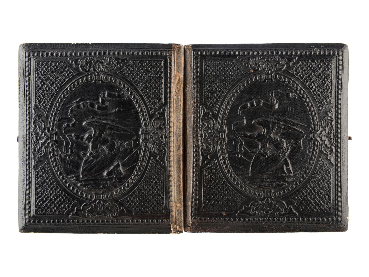 [CIVIL WAR]. Sixth plate ambrotype of young Union soldier holding rifle with fixed bayonet.