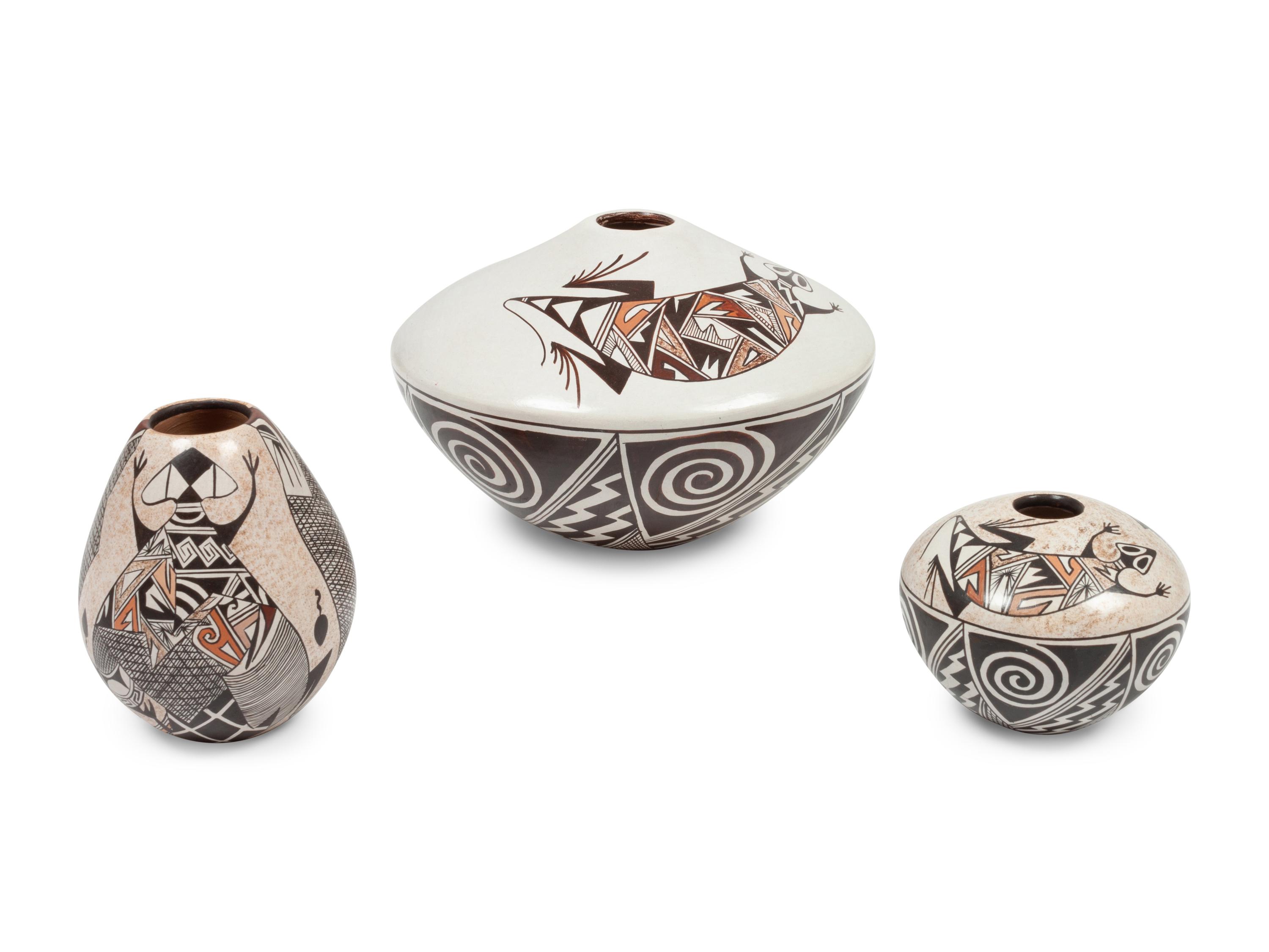 Group of Three Painted Pottery Jars, with Lizards