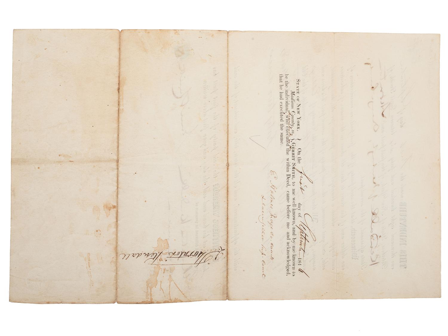 [SLAVERY & ABOLITION] -- [SMITH, Gerrit (1797-1874)]. Partly printed indenture transferring land from abolitionist Gerrit Smith to Thornton Kendall of Newburgh, Orange County, New York. 1 September 1846.