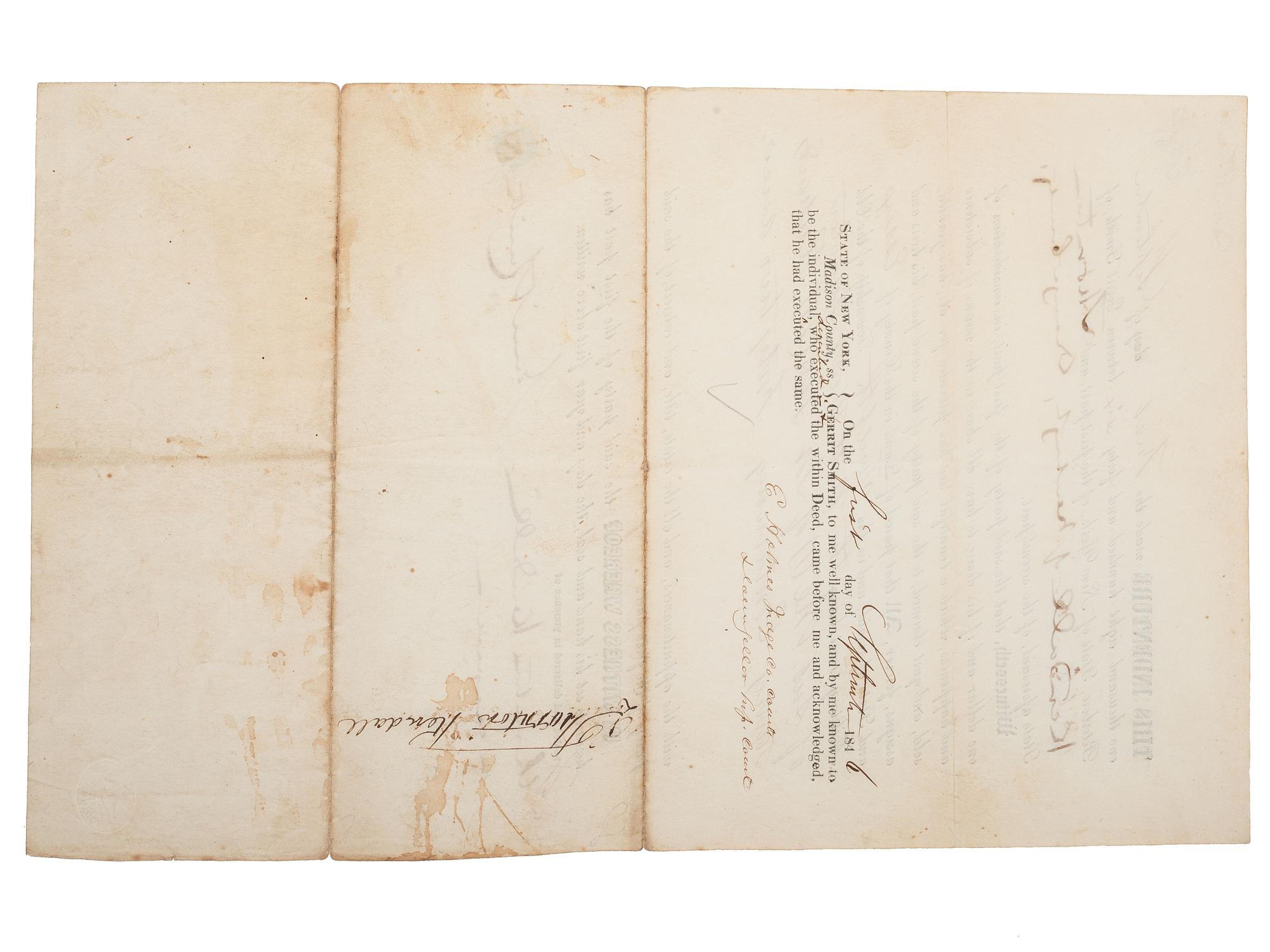 [SLAVERY & ABOLITION] -- [SMITH, Gerrit (1797-1874)]. Partly printed indenture transferring land from abolitionist Gerrit Smith to Thornton Kendall of Newburgh, Orange County, New York. 1 September 1846.