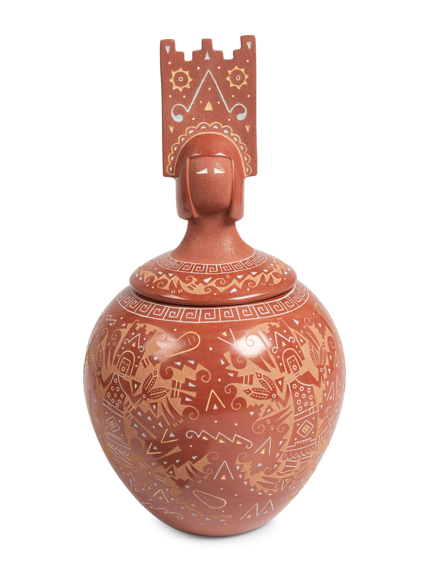 Award Winning Polychrome Redware Sgraffito Lidded Pottery Jar, Corn Dance