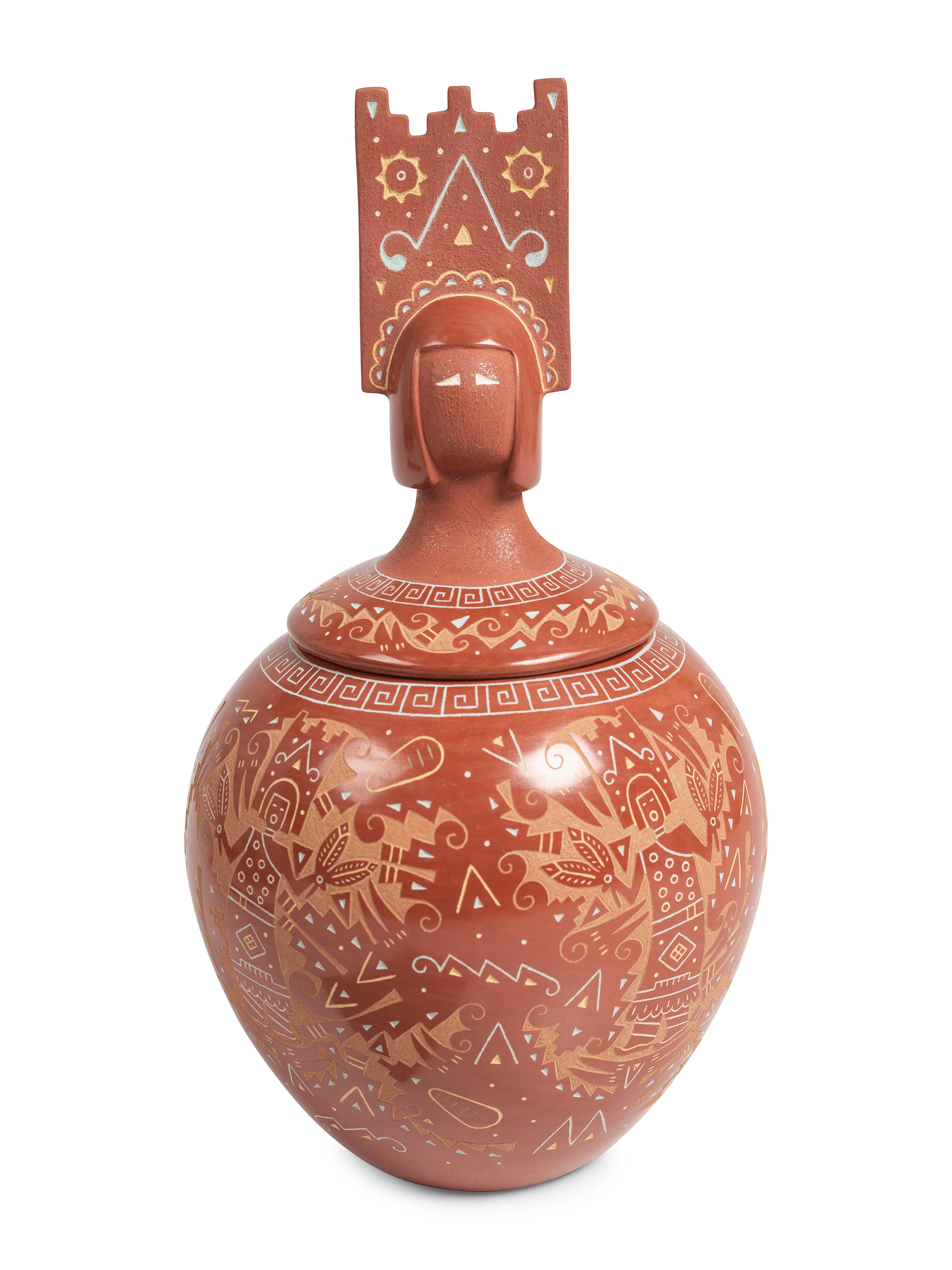 Award Winning Polychrome Redware Sgraffito Lidded Pottery Jar, Corn Dance