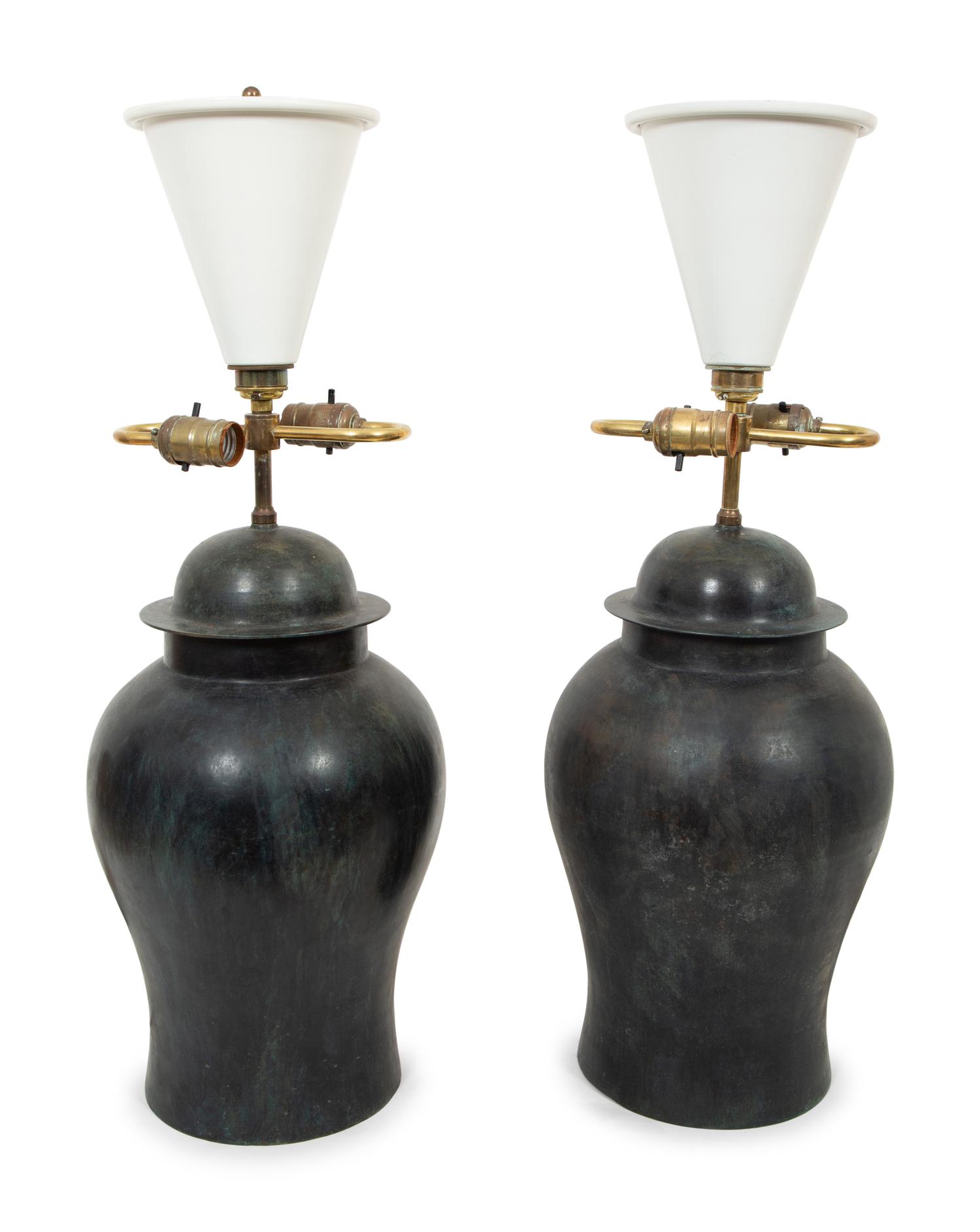 A Pair of Chinese Style Bronze Jars Mounted as Lamps