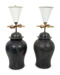 A Pair of Chinese Style Bronze Jars Mounted as Lamps