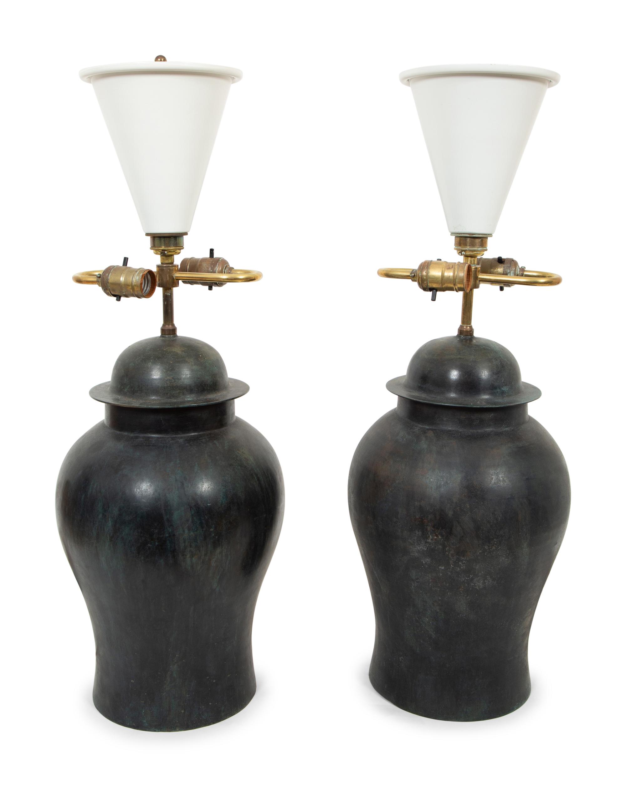 A Pair of Chinese Style Bronze Jars Mounted as Lamps