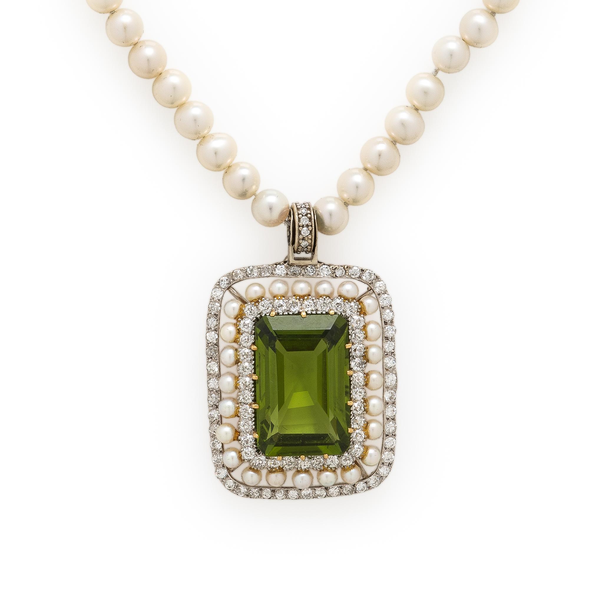 Peridot, Diamond, and Cultured Pearl Necklace