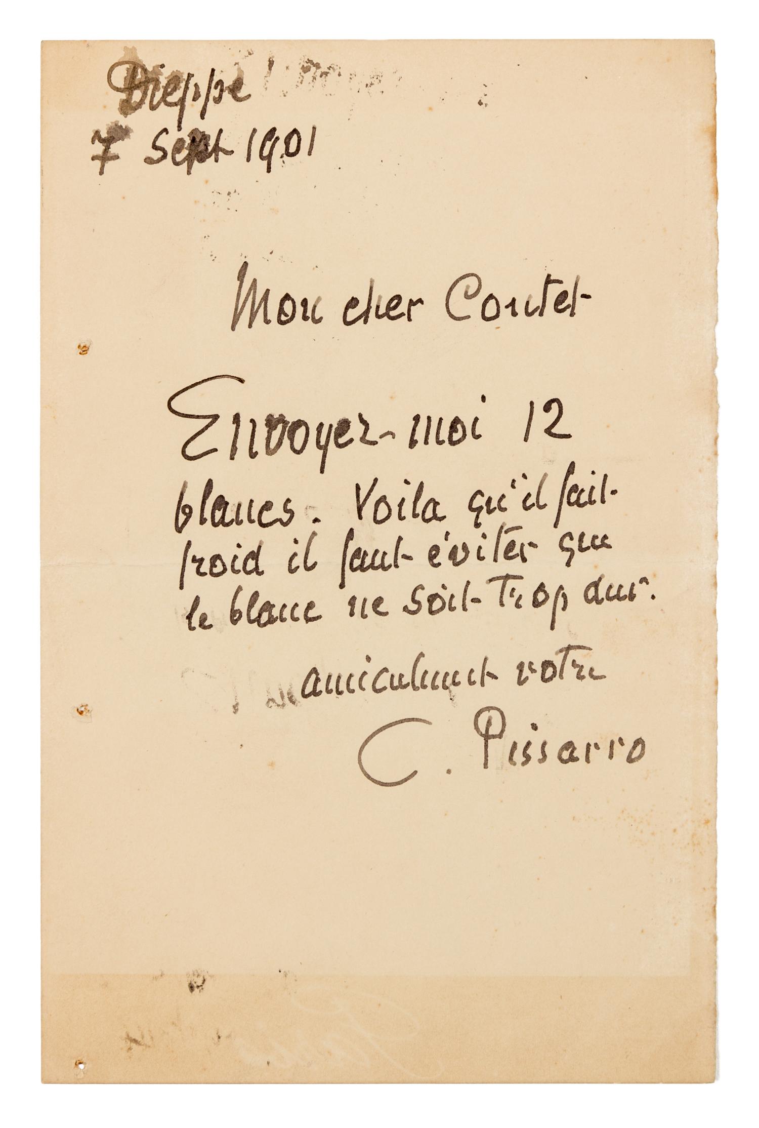 PISSARRO, Camille (1860-1903). Autograph letter signed ("C. Pissarro"), in French, to Coutel. Dieppe, 7 September 1901.