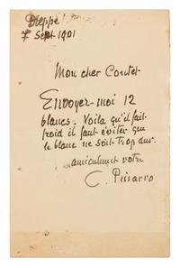 PISSARRO, Camille (1860-1903). Autograph letter signed ("C. Pissarro"), in French, to Coutel. Dieppe, 7 September 1901.