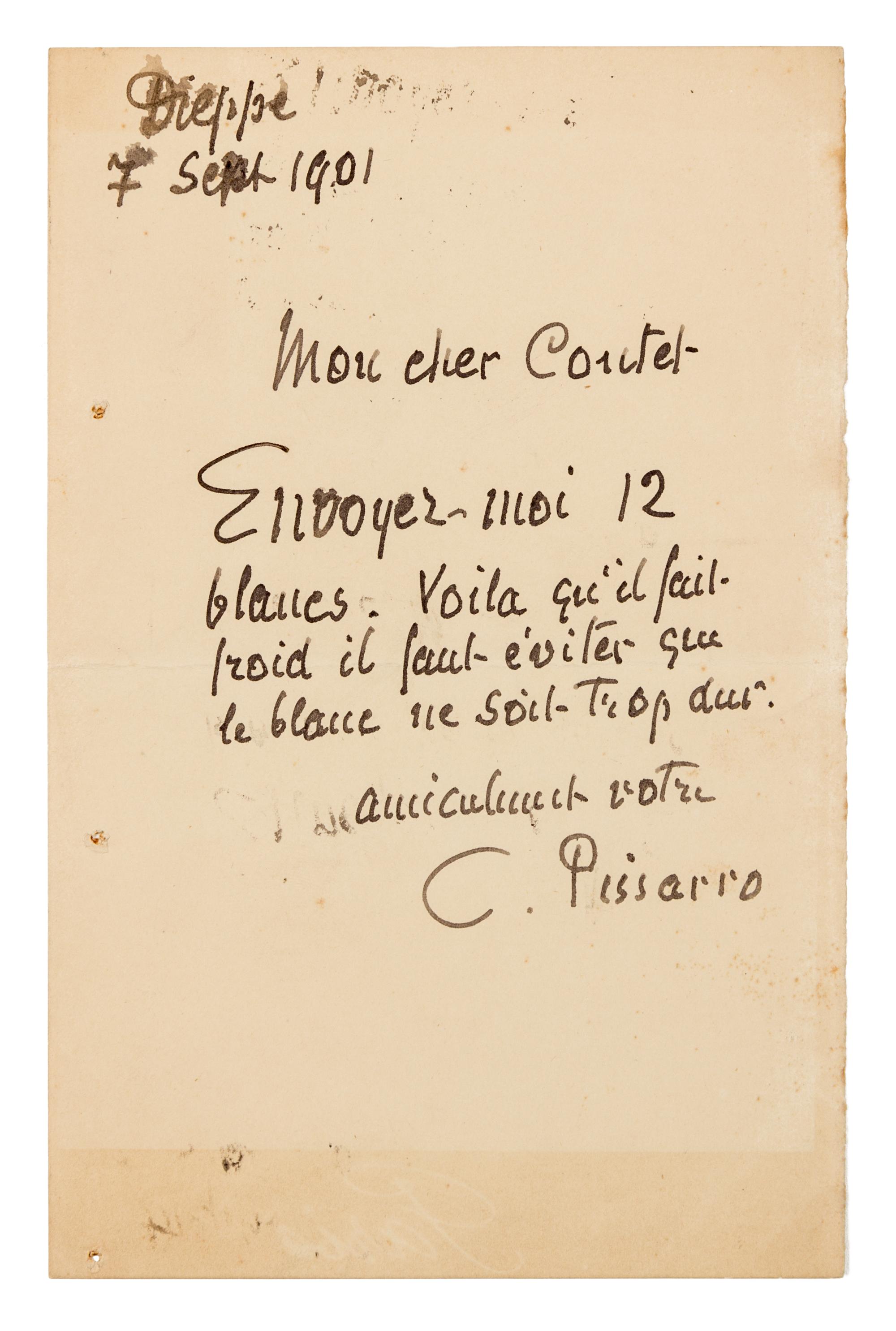 PISSARRO, Camille (1860-1903). Autograph letter signed ("C. Pissarro"), in French, to Coutel. Dieppe, 7 September 1901.